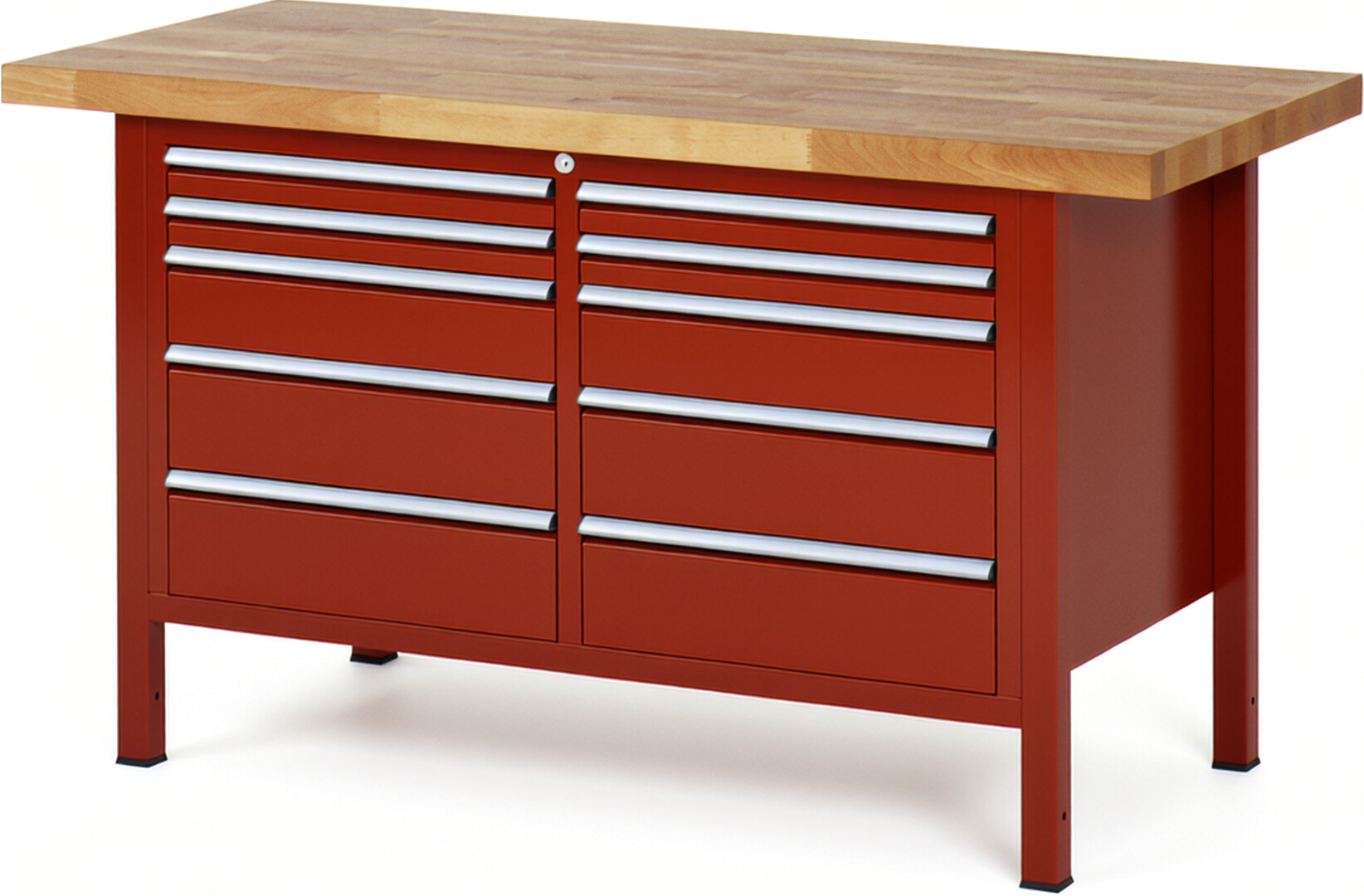 Werkbank Modell 8480 rot, BxTxH 1500x700x840 mm,  Buche-Massiv Arbeitsplatte 40 mm,  10 Schubladen mit  Vollauszug 100 % und  SoftClosing