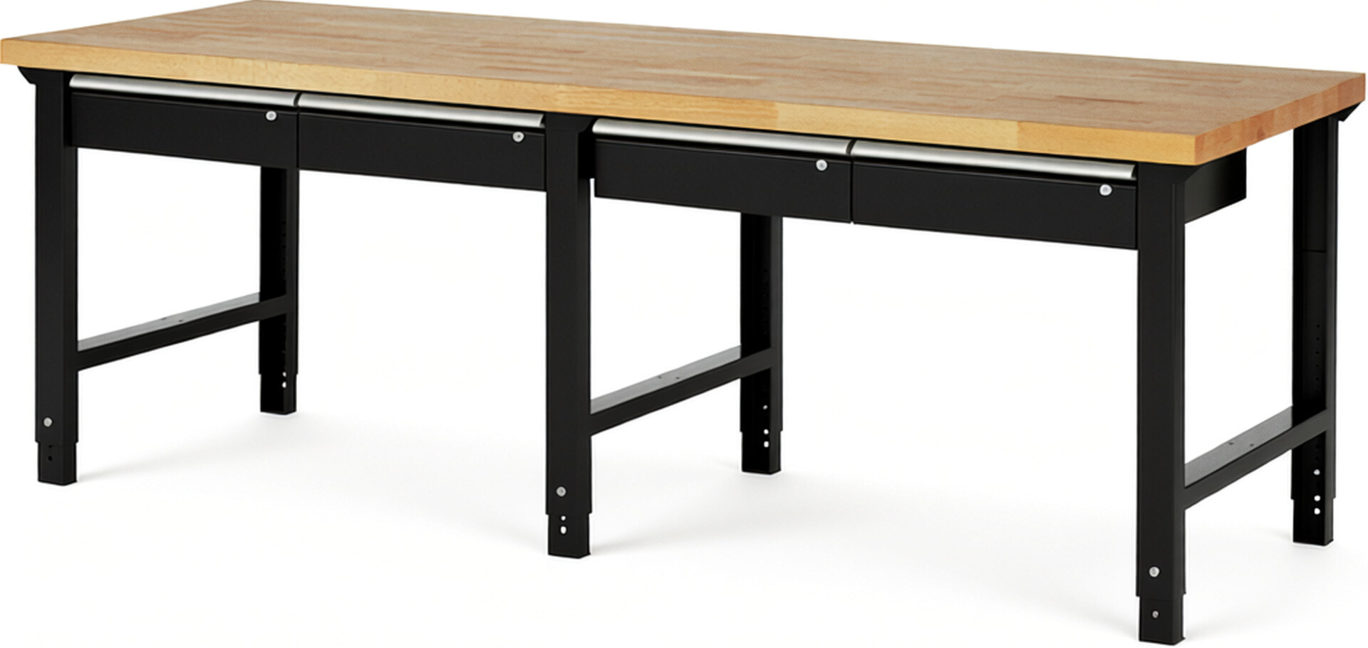 Werkbank Modell 7002 schwarz, BxTxH 2500x900x790-1140 mm,  Buche-Massiv Arbeitsplatte 40 mm,  4 Schubladen mit  Auszug 90 %
