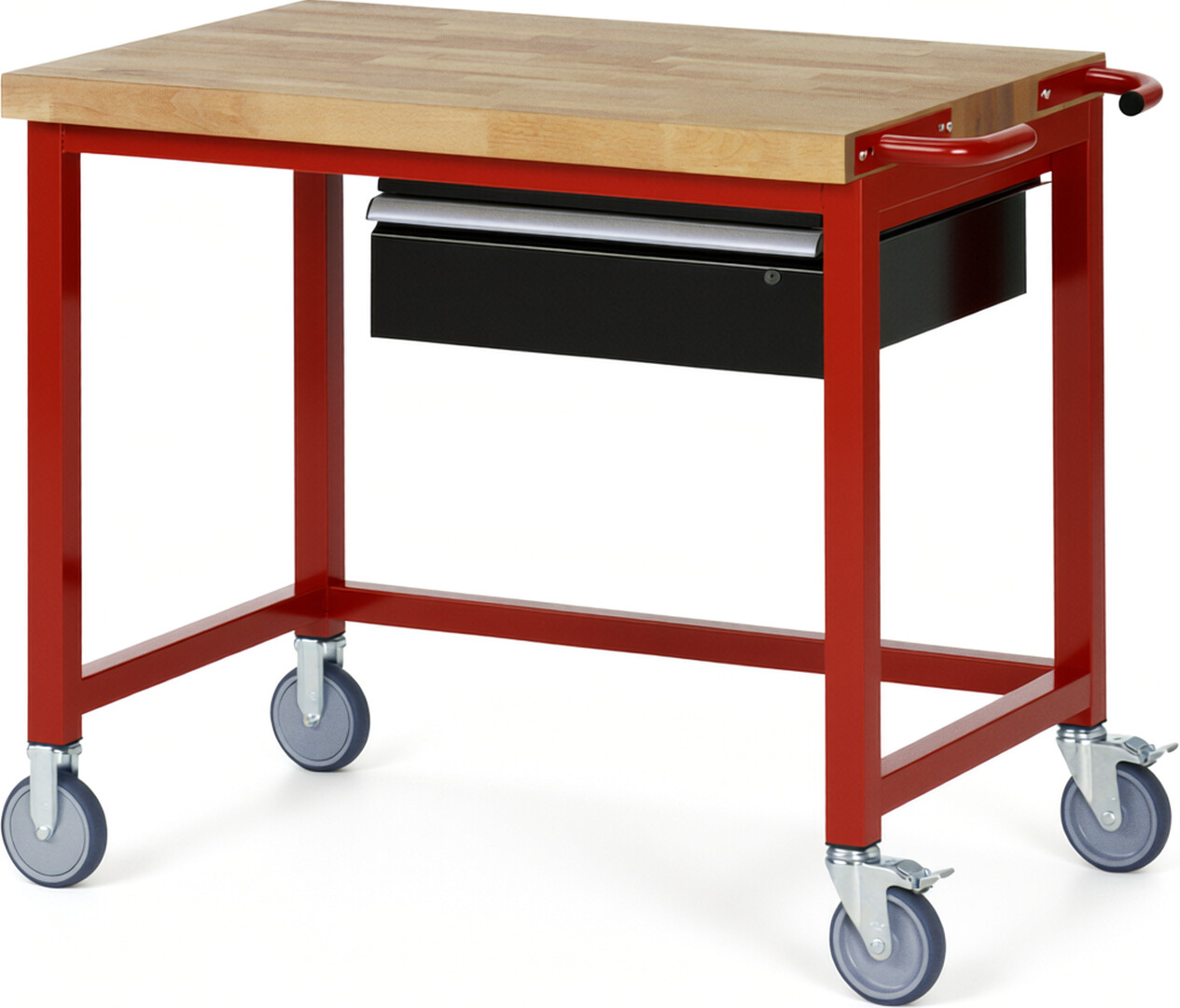Fahrbare Werkbank Modell 8001 rot - schwarz, BxTxH 1000x700x880-1080 mm,  Buche-Massiv Arbeitsplatte 40 mm,  1 Schublade mit  Auszug 90 %