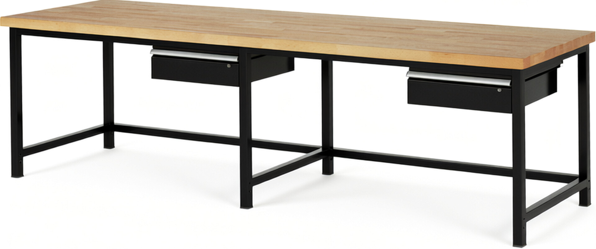 Werkbank Modell 8001 schwarz, BxTxH 3000x900x840 mm,  Buche-Massiv Arbeitsplatte 40 mm,  2 Schubladen mit  Auszug 90 %
