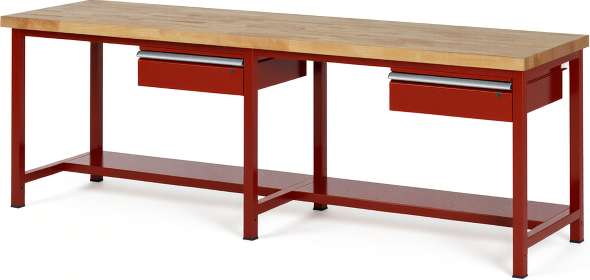 Werkbank Modell 8001 rot, BxTxH 2500x700x840 mm,  Buche-Massiv Arbeitsplatte 40 mm,  2 Schubladen mit  Auszug 90 %