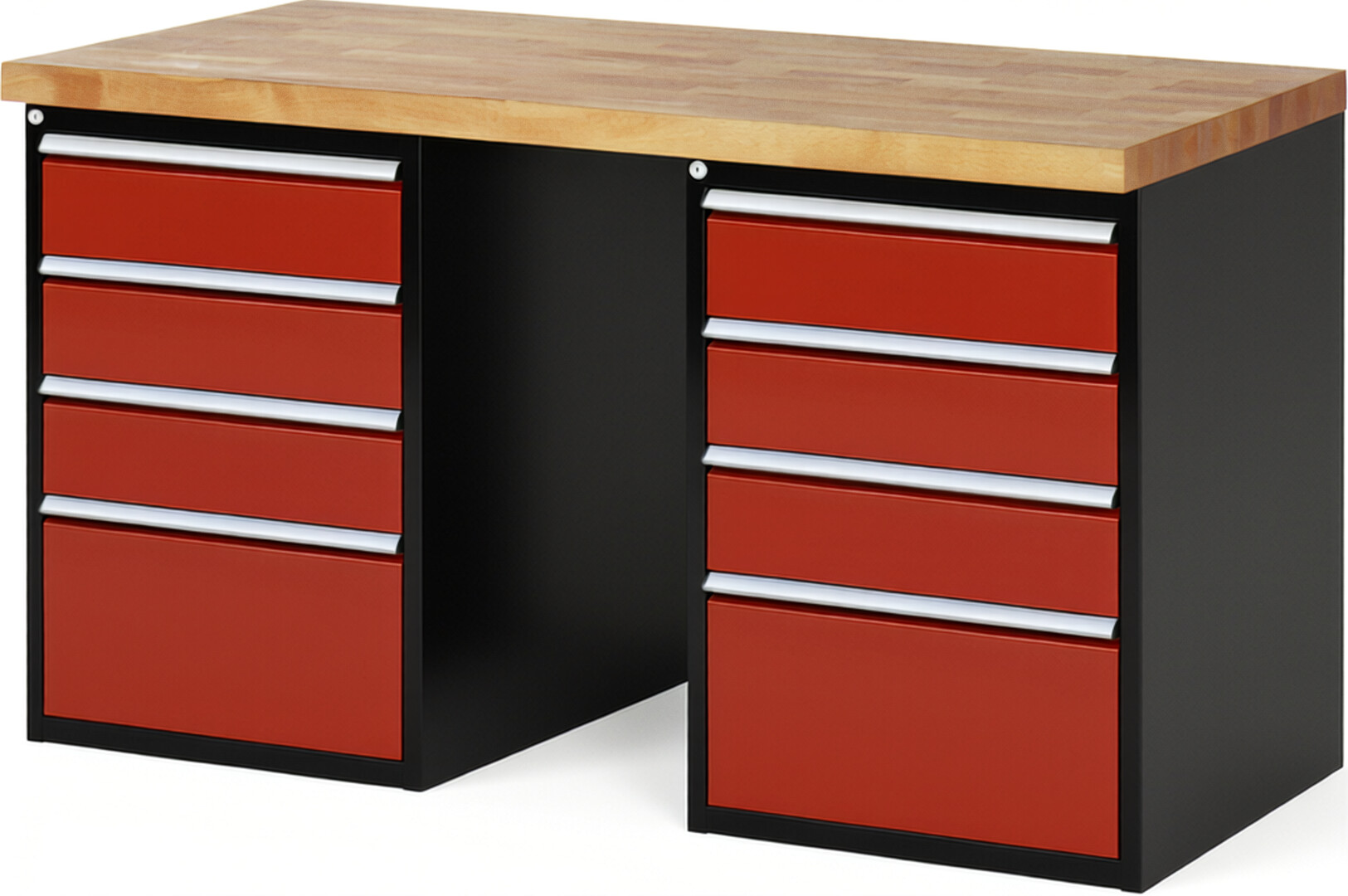 RAU Werkbank schwarz - rot - Breite 150 cm - Tiefe 70 cm - Höhe 89 cm - Buche-Massiv Arbeitsplatte 40 mm