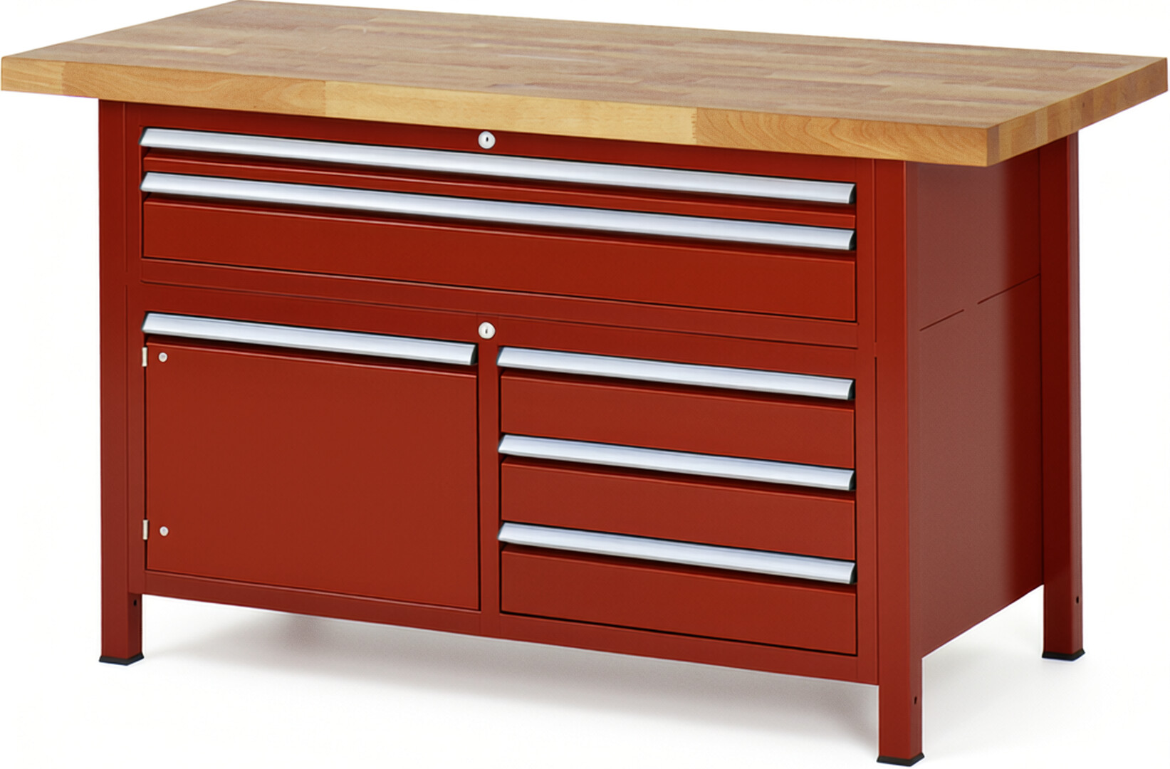 Werkbank Modell 8922 rot, BxTxH 1500x700x840-1040 mm,  Buche-Massiv Arbeitsplatte 40 mm,  5 Schubladen mit  Auszug 90 %