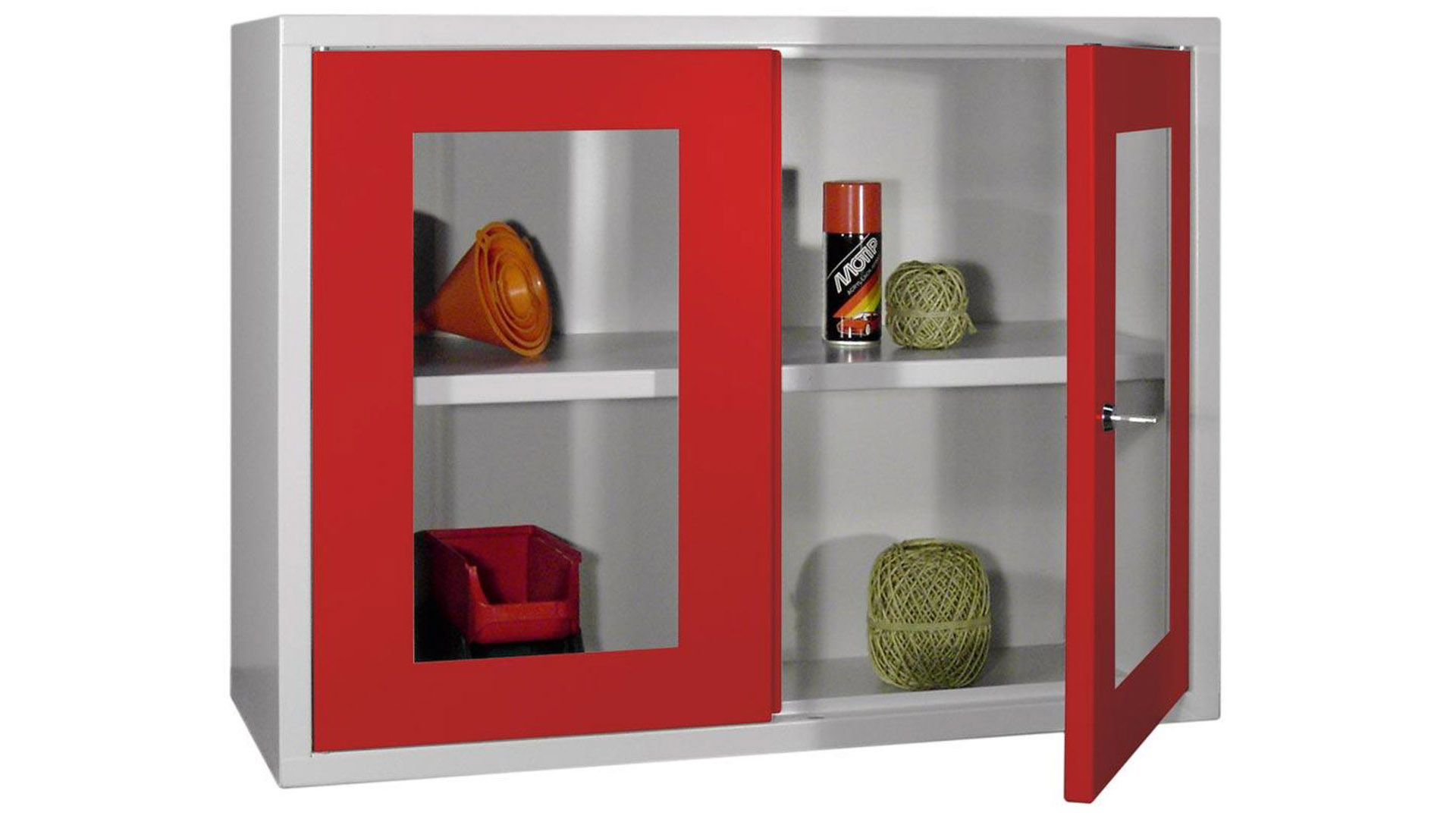 Hängeschrank aus Stahl - 2 Sichtfenstertüren - 600x800x300 mm (HxBxT) - lichtgrau/feuerrot