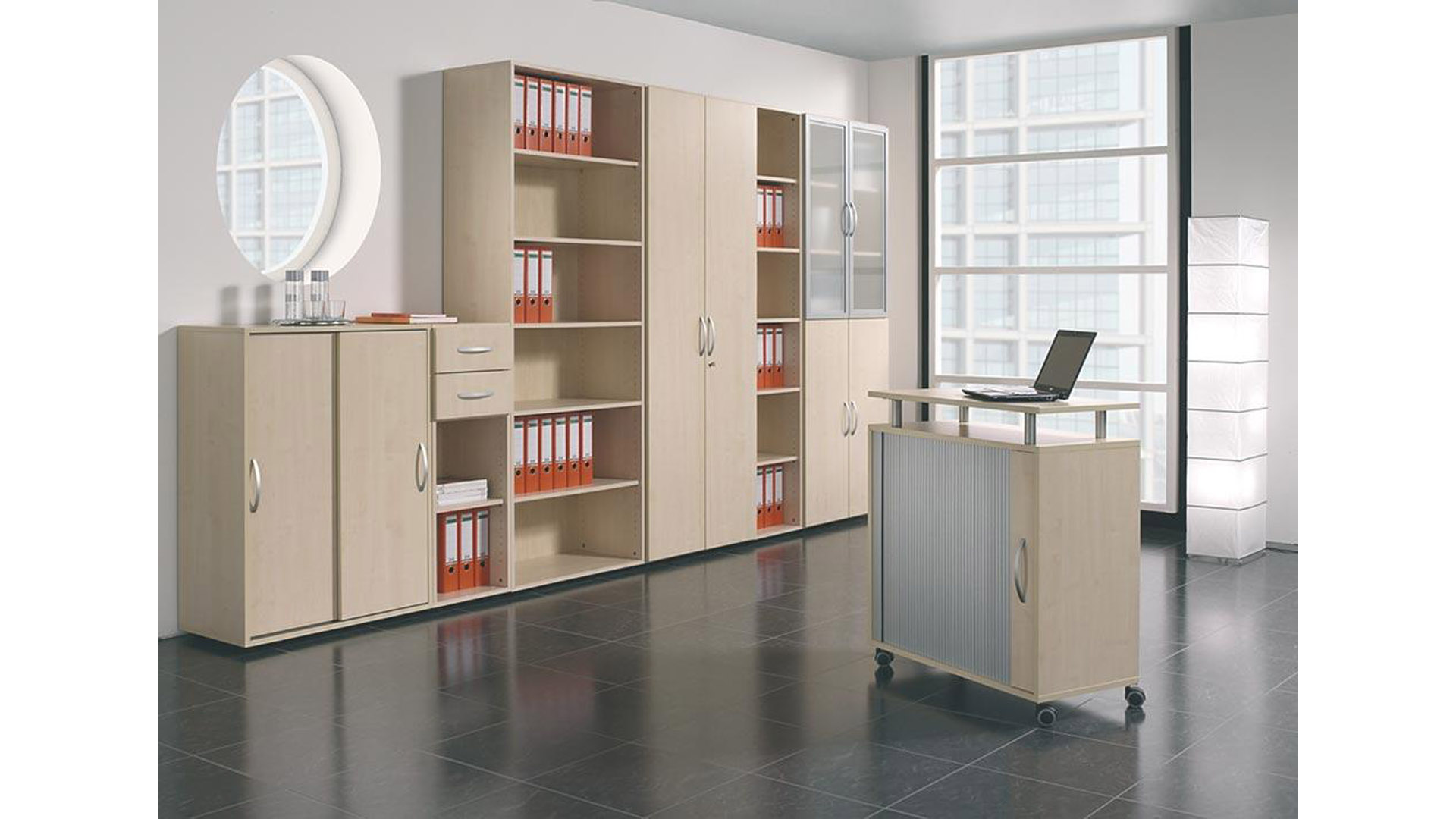 Aktenschrank mit Schiebetüren, Büroschrank, Beistellschrank