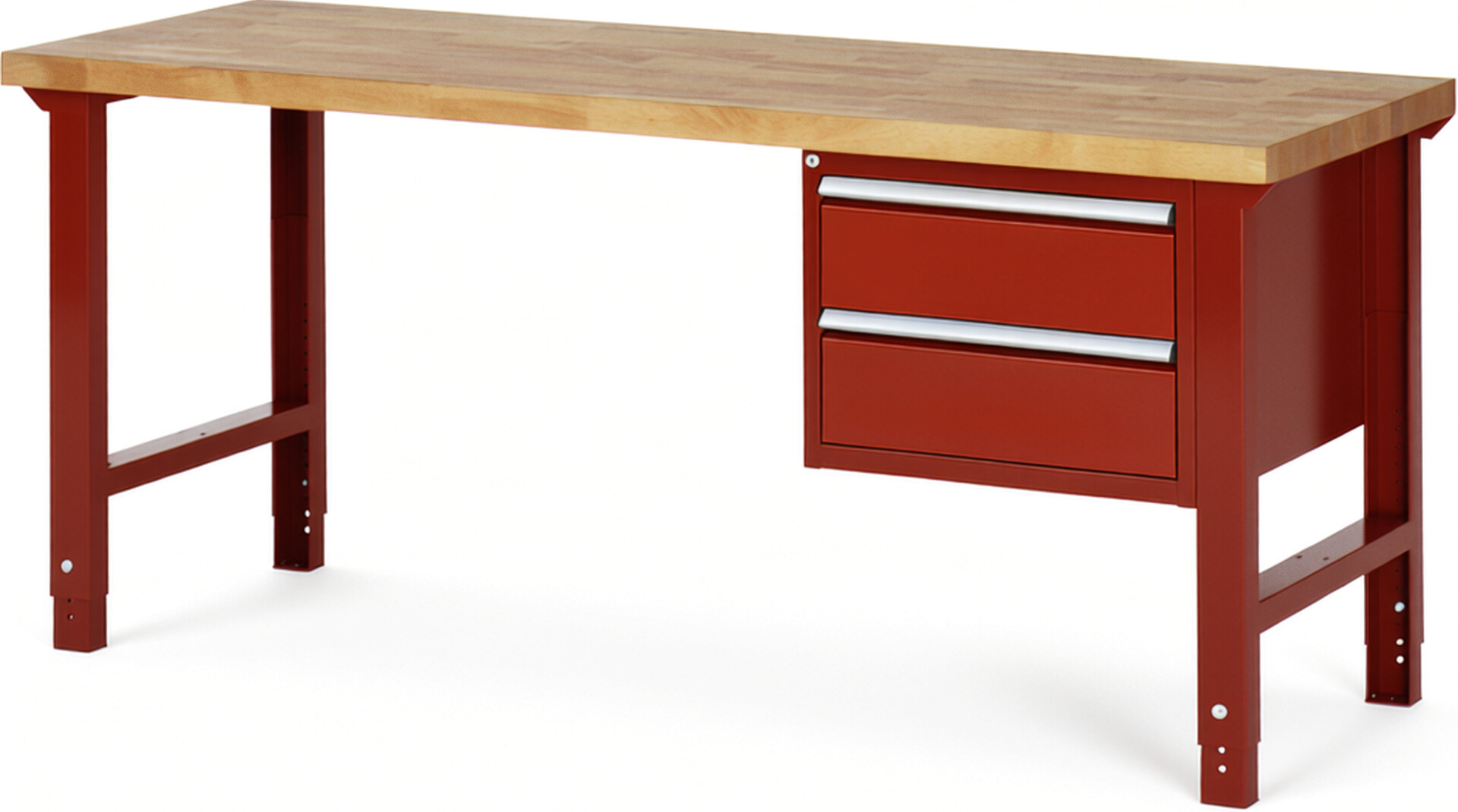 Werkbank Modell 7125 rot, BxTxH 2000x700x790-1140 mm,  Buche-Massiv Arbeitsplatte 40 mm,  2 Schubladen mit  Auszug 90 %