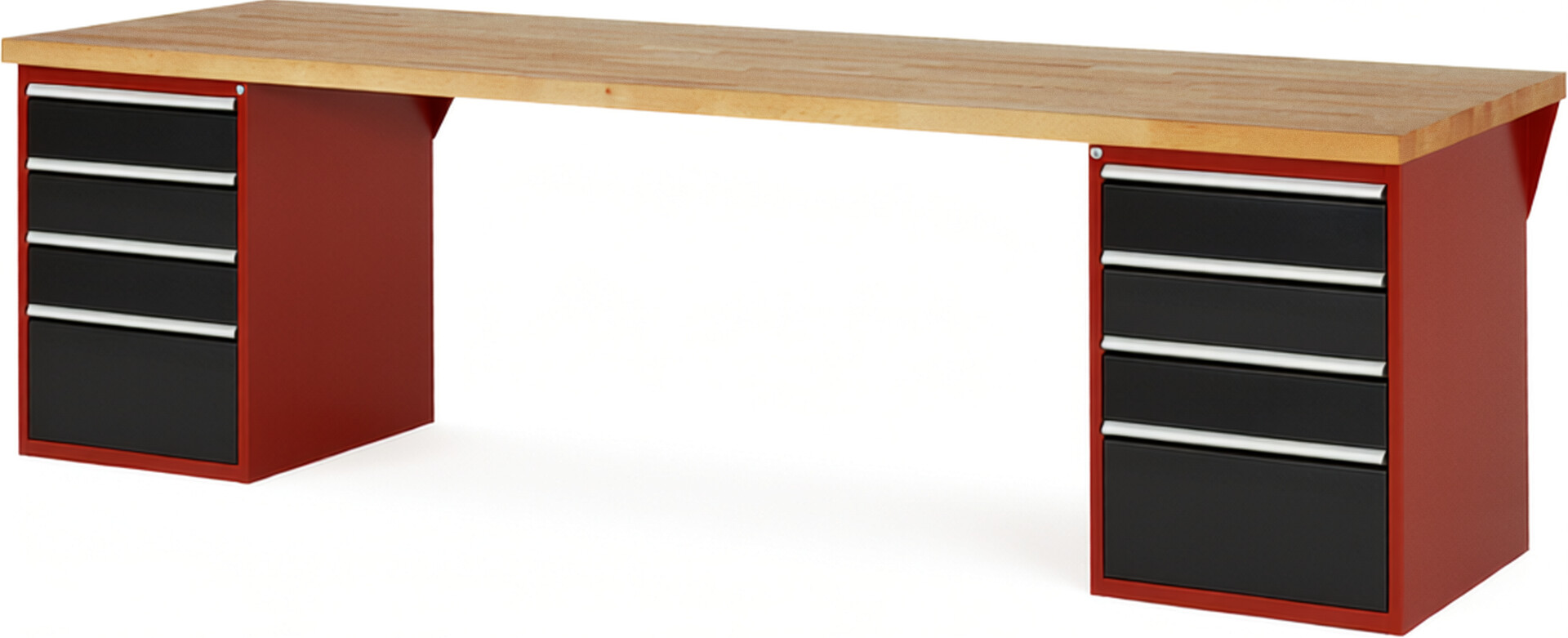 Werkbank Modell 7510 rot - schwarz, BxTxH 3000x900x890 mm,  Buche-Massiv Arbeitsplatte 40 mm,  8 Schubladen mit  Auszug 90 %