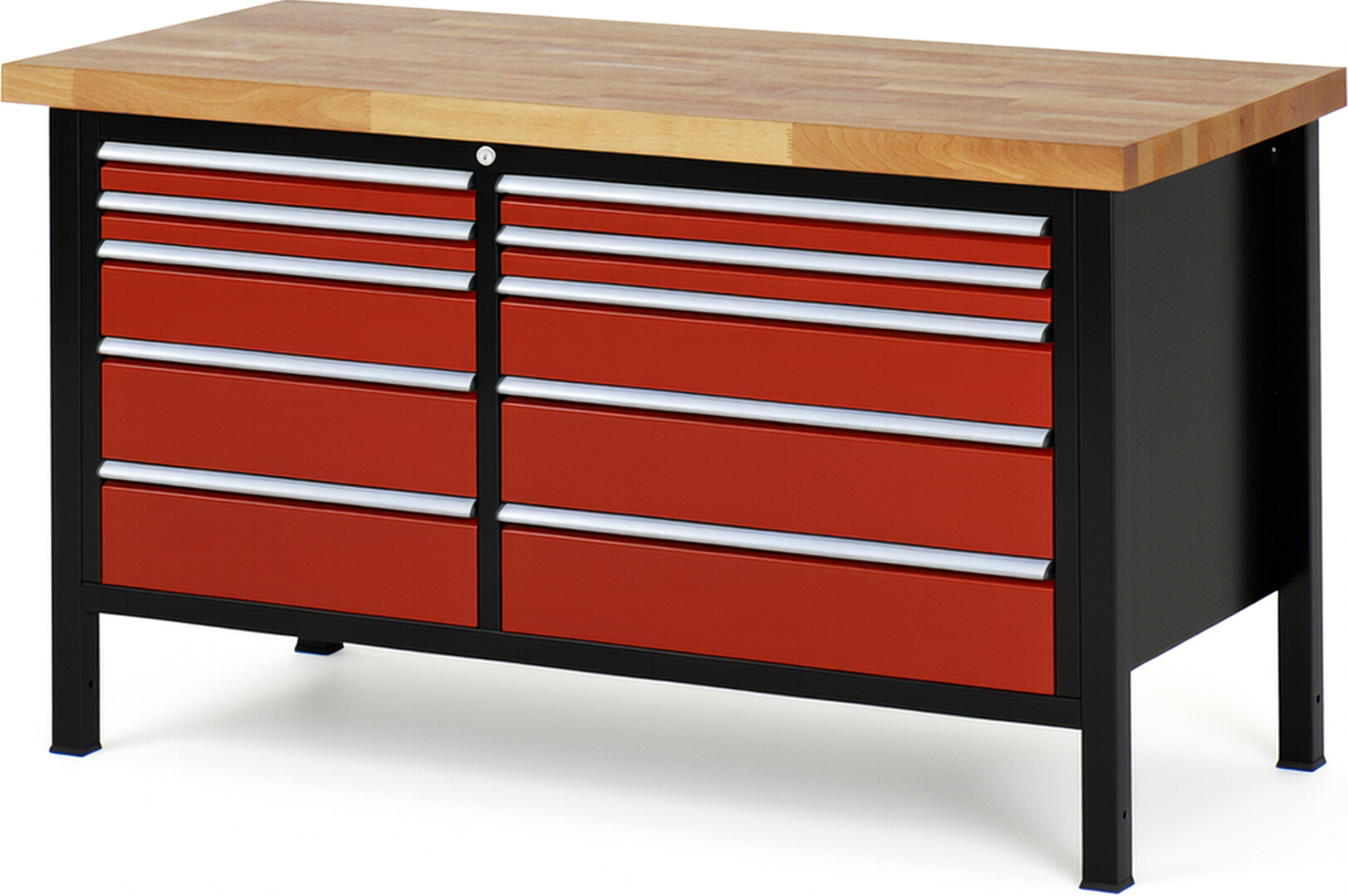 RAU Werkbank schwarz - rot - Breite 150 cm - Tiefe 70 cm - Höhe 104 cm - Buche-Massiv Arbeitsplatte 40 mm