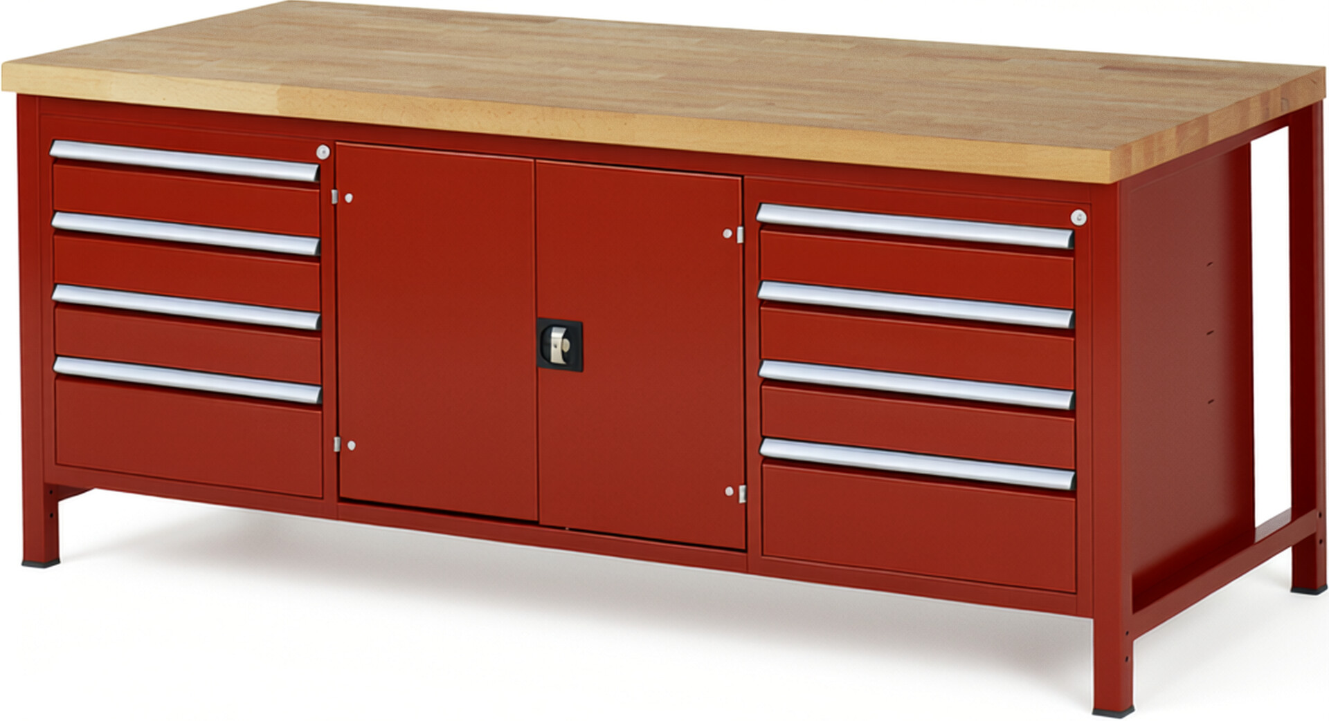 Werkbank Modell 8909 rot, BxTxH 2000x900x840-1040 mm,  Buche-Massiv Arbeitsplatte 40 mm,  8 Schubladen mit  Auszug 90 %