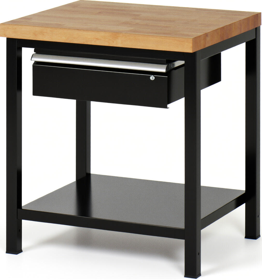 Werkbank Modell 8001 schwarz, BxTxH 750x700x840-1040 mm,  Buche-Massiv Arbeitsplatte 40 mm,  1 Schublade mit  Auszug 90 %