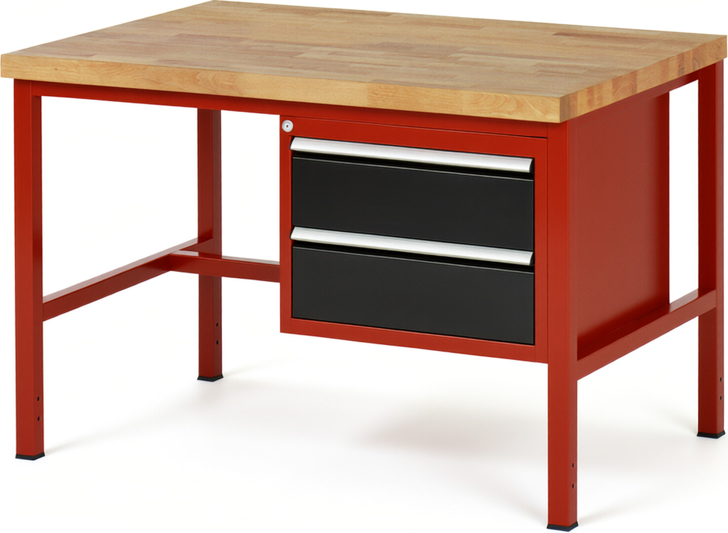 Werkbank Modell 8125 rot - schwarz, BxTxH 1250x900x840-1040 mm,  Buche-Massiv Arbeitsplatte 40 mm,  2 Schubladen mit  Auszug 90 %
