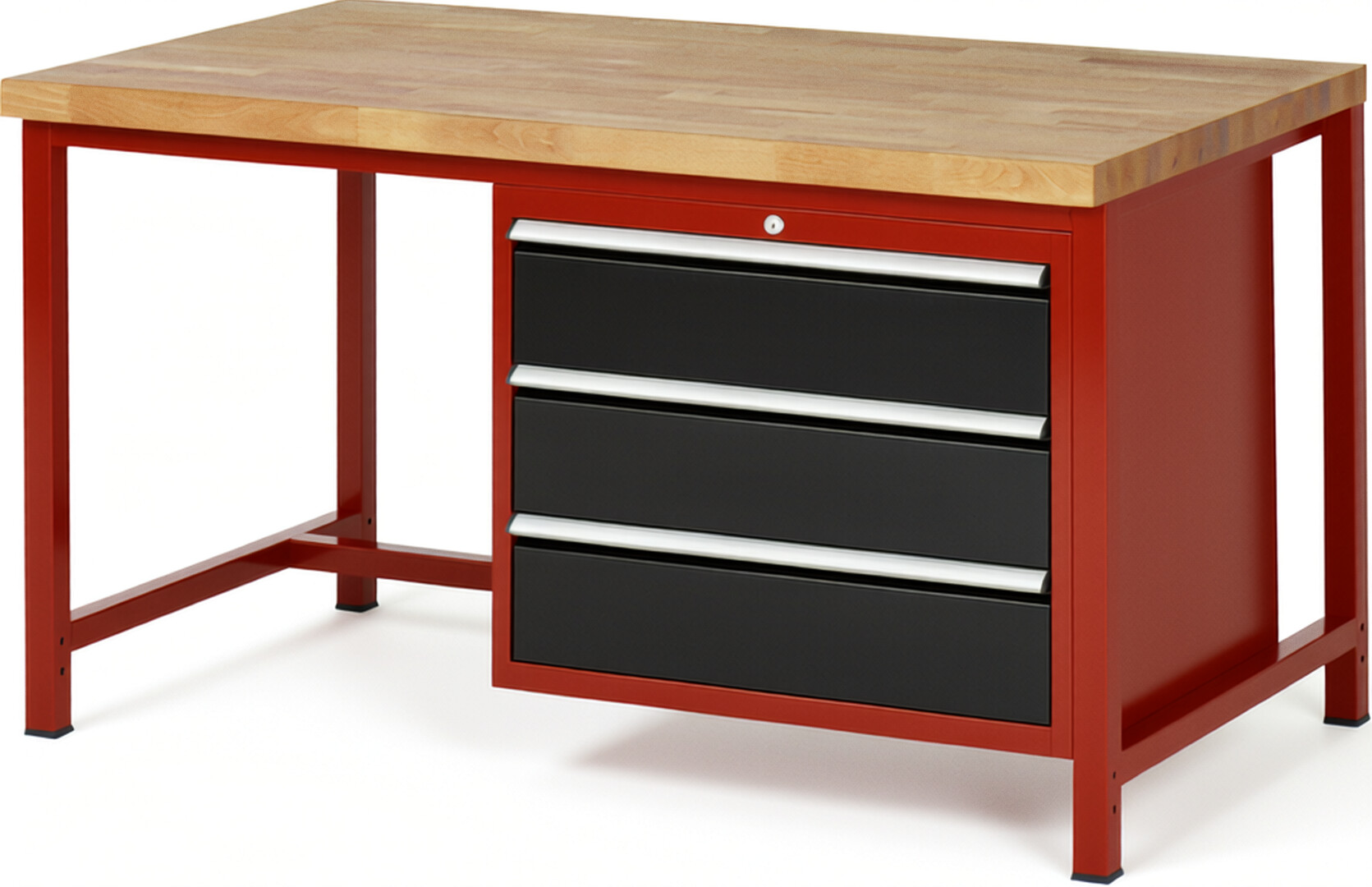 Werkbank Modell 8257 rot - schwarz, BxTxH 1500x900x840 mm,  Buche-Massiv Arbeitsplatte 40 mm,  3 Schubladen mit  Vollauszug 100 % und  SoftClosing