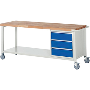 Fahrbare Werkbank, BxTxH 2000x700x880 mm, 3 Schubladen 180 mm, Ablageboden, Platte Buche 40 mm, RAL 7035/RAL5010