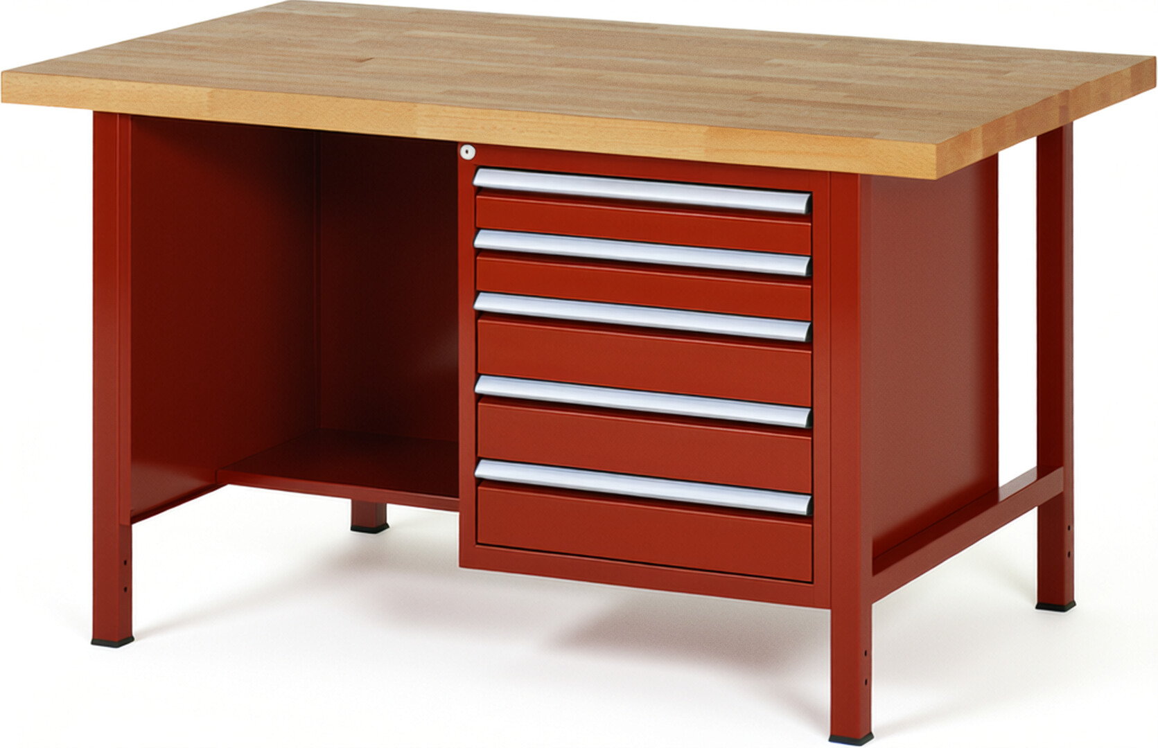 Werkbank Modell 8454 rot, BxTxH 1500x900x840-1040 mm,  Buche-Massiv Arbeitsplatte 40 mm,  5 Schubladen mit  Vollauszug 100 % und  SoftClosing