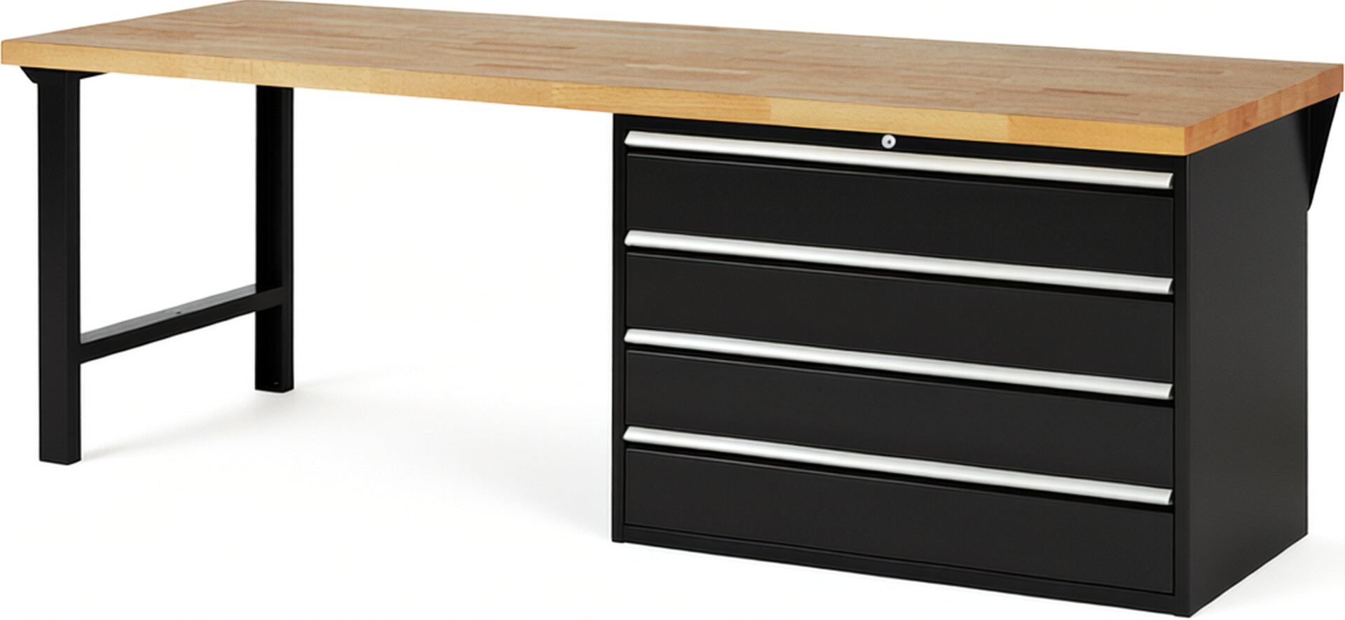 Werkbank Modell 7709 schwarz, BxTxH 2500x900x890 mm,  Buche-Massiv Arbeitsplatte 40 mm,  4 Schubladen mit  Vollauszug 100 % und  SoftClosing
