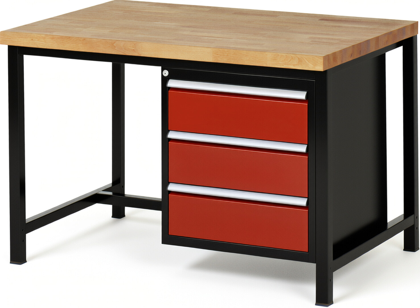 Werkbank Modell 8157 schwarz-rot, BxTxH 1250x900x840 mm,  Buche-Massiv Arbeitsplatte 40 mm,  3 Schubladen mit  Vollauszug 100 % und  SoftClosing