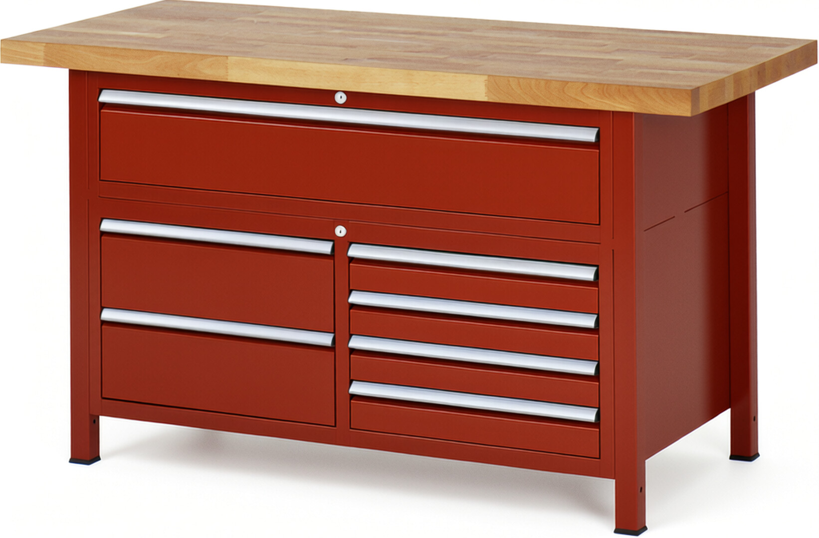 Werkbank Modell 8921 rot, BxTxH 1500x700x840-1040 mm,  Buche-Massiv Arbeitsplatte 40 mm,  7 Schubladen mit  Auszug 90 %