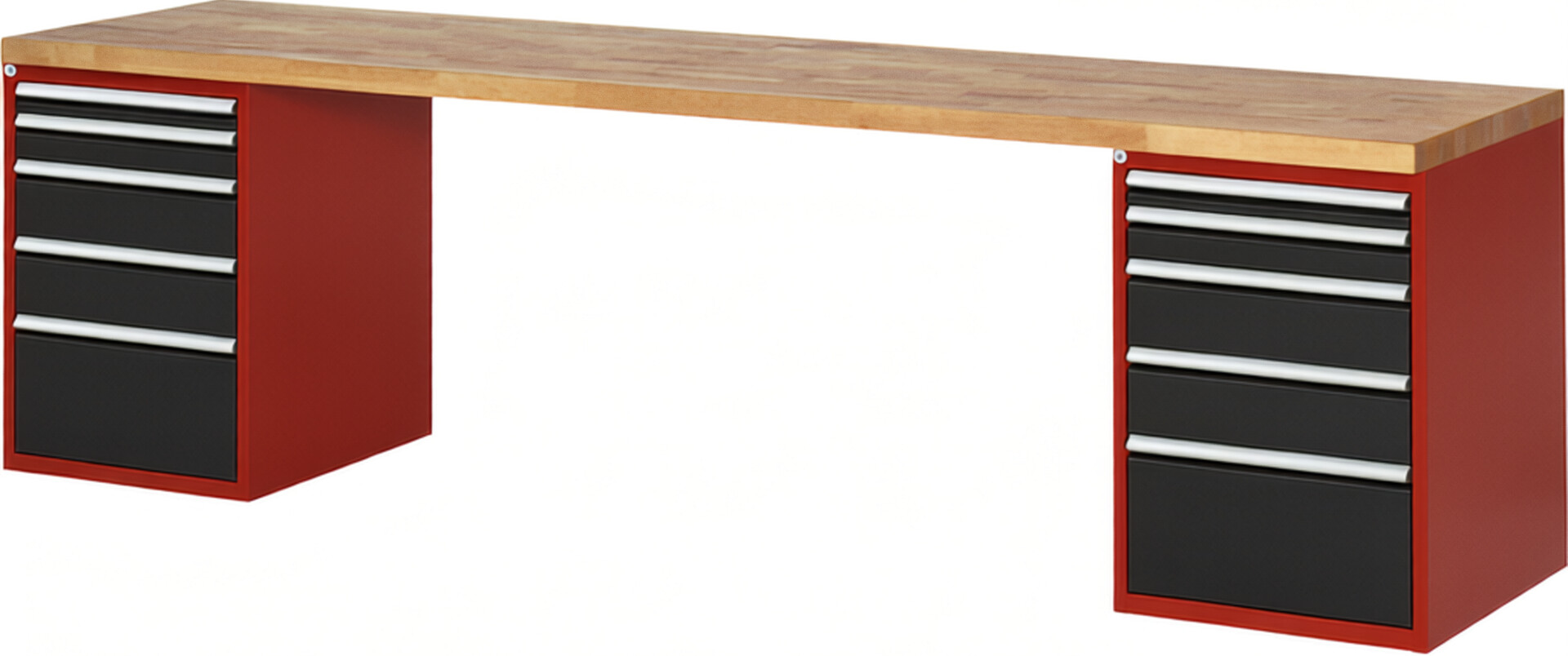 Werkbank Modell 7511 rot - schwarz, BxTxH 3000x700x840 mm,  Buche-Massiv Arbeitsplatte 40 mm,  10 Schubladen mit  Auszug 90 %