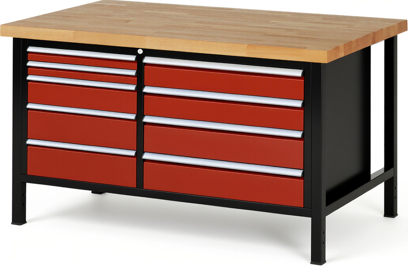 RAU Werkbank schwarz - rot - Breite 150 cm - Tiefe 90 cm - Höhe 104 cm - Buche-Massiv Arbeitsplatte 40 mm