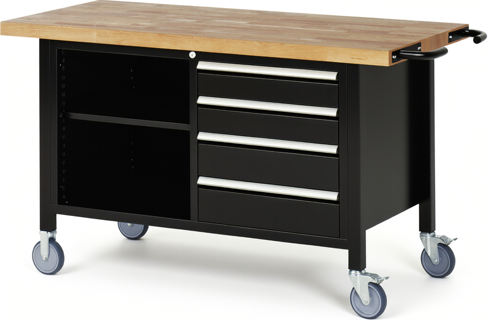 Fahrbare Werkbank Modell 8463 schwarz, BxTxH 1500x700x880 mm,  Buche-Massiv Arbeitsplatte 40 mm,  4 Schubladen mit  Auszug 90 %