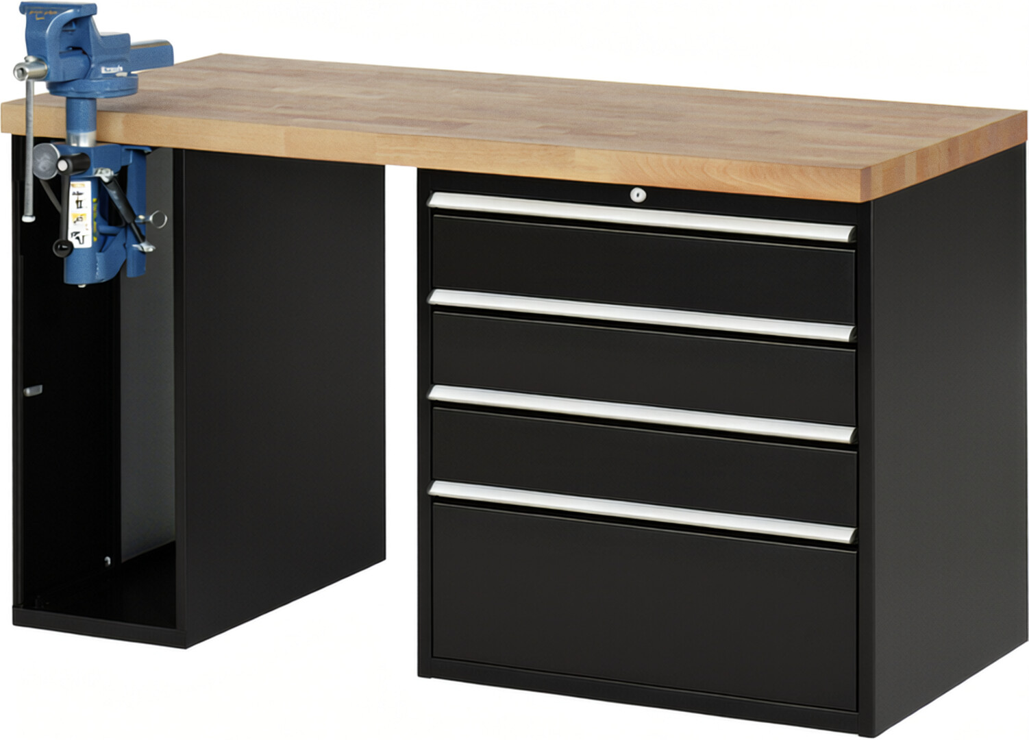 Werkbank Modell 7610 schwarz, BxTxH 1500x700x890 mm,  Buche-Massiv Arbeitsplatte 40 mm,  4 Schubladen mit  Vollauszug 100 % und  SoftClosing