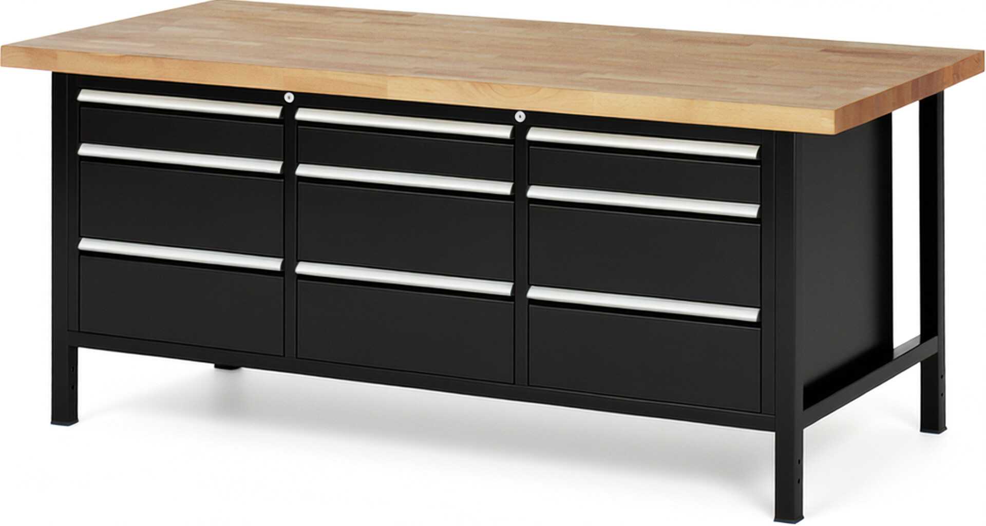 Werkbank Modell 8573 schwarz, BxTxH 2000x900x840-1040 mm,  Buche-Massiv Arbeitsplatte 40 mm,  9 Schubladen mit  Vollauszug 100 % und  SoftClosing