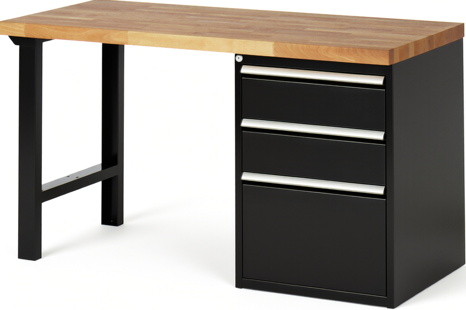 Werkbank Modell 7507 schwarz, BxTxH 1500x700x890 mm,  Buche-Massiv Arbeitsplatte 40 mm,  3 Schubladen mit  Auszug 90 %
