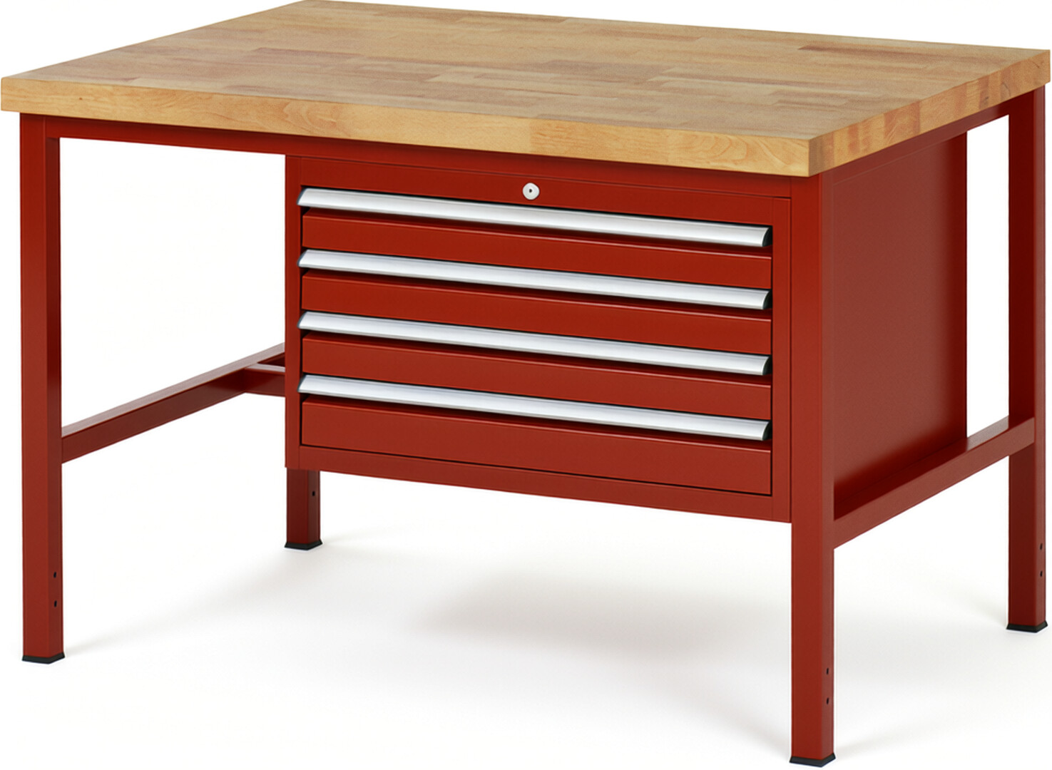 Werkbank Modell 8233 rot, BxTxH 1250x900x840-1040 mm,  Buche-Massiv Arbeitsplatte 40 mm,  4 Schubladen mit  Vollauszug 100 % und  SoftClosing