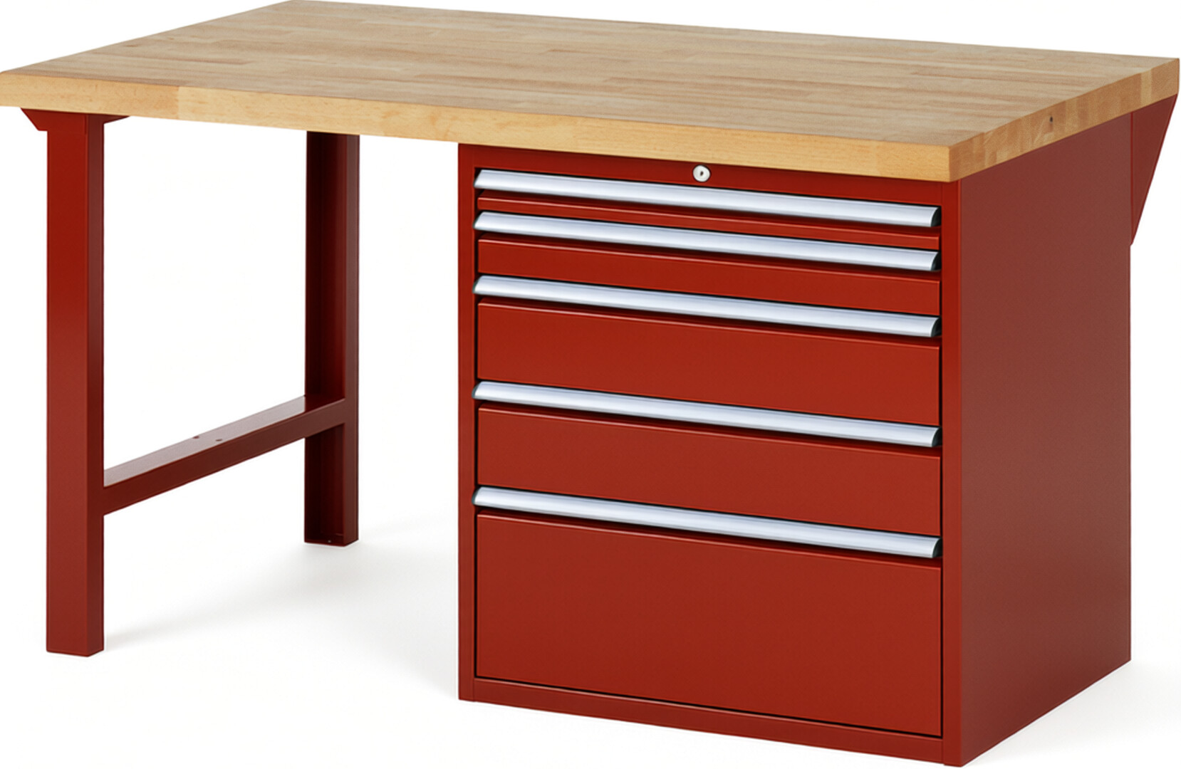 Werkbank Modell 7611 rot, BxTxH 1500x900x890 mm,  Buche-Massiv Arbeitsplatte 40 mm,  5 Schubladen mit  Vollauszug 100 % und  SoftClosing