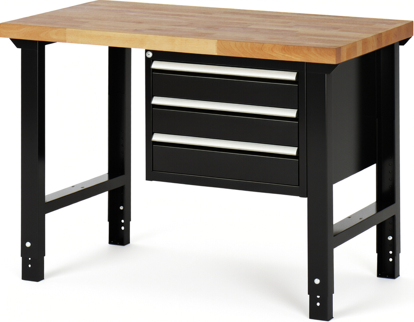 Werkbank Modell 7127 schwarz, BxTxH 1250x700x790-1140 mm,  Buche-Massiv Arbeitsplatte 40 mm,  3 Schubladen mit  Auszug 90 %