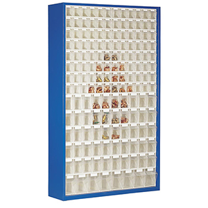Kleinteilemagazin - Magazinschrank, BxTxH 1270x250x2000 mm, 154 Kästen, 96xGr. 6, 50xGr. 5, 8xGr. 4, Gehäusefarbe RAL 5010 enzianblau