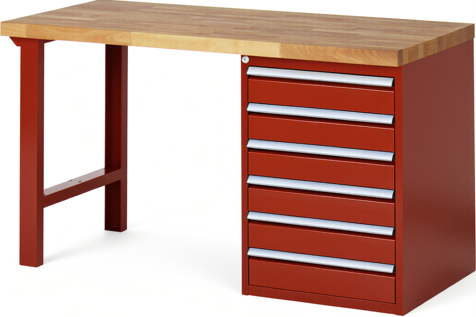 Werkbank Modell 7516 rot, BxTxH 1500x700x890 mm,  Buche-Massiv Arbeitsplatte 40 mm,  6 Schubladen mit  Auszug 90 %