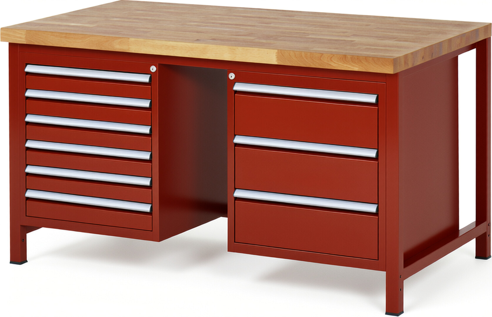 Werkbank Modell 8183 rot, BxTxH 1500x900x840-1040 mm,  Buche-Massiv Arbeitsplatte 40 mm,  9 Schubladen mit  Auszug 90 %