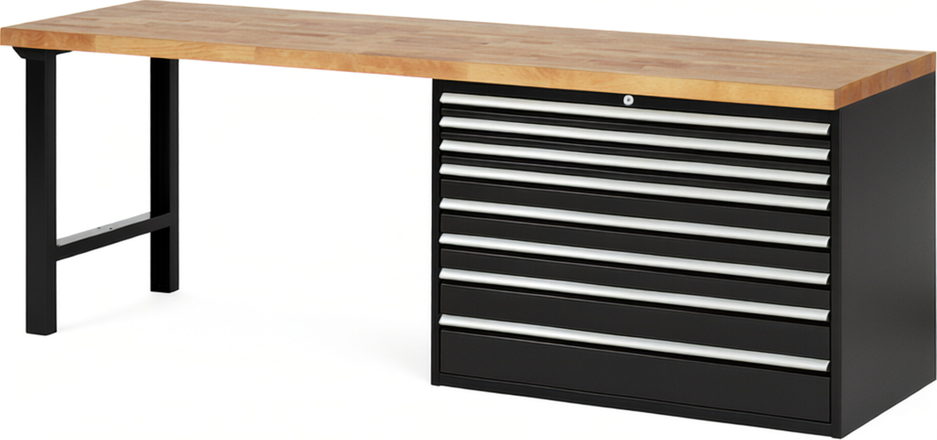Werkbank Modell 7719 schwarz, BxTxH 2500x700x840 mm,  Buche-Massiv Arbeitsplatte 40 mm,  8 Schubladen mit  Auszug 90 %