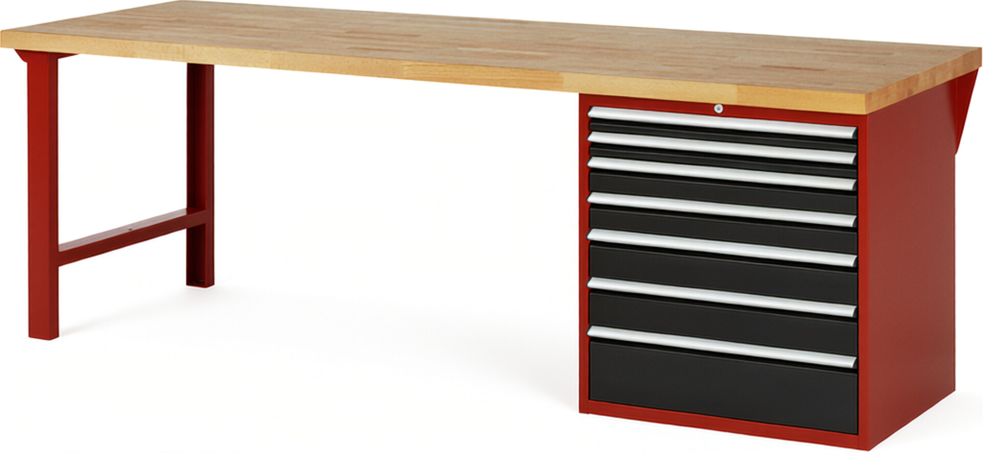 Werkbank Modell 7617 rot - schwarz, BxTxH 2500x900x890 mm,  Buche-Massiv Arbeitsplatte 40 mm,  7 Schubladen mit  Vollauszug 100 % und  SoftClosing