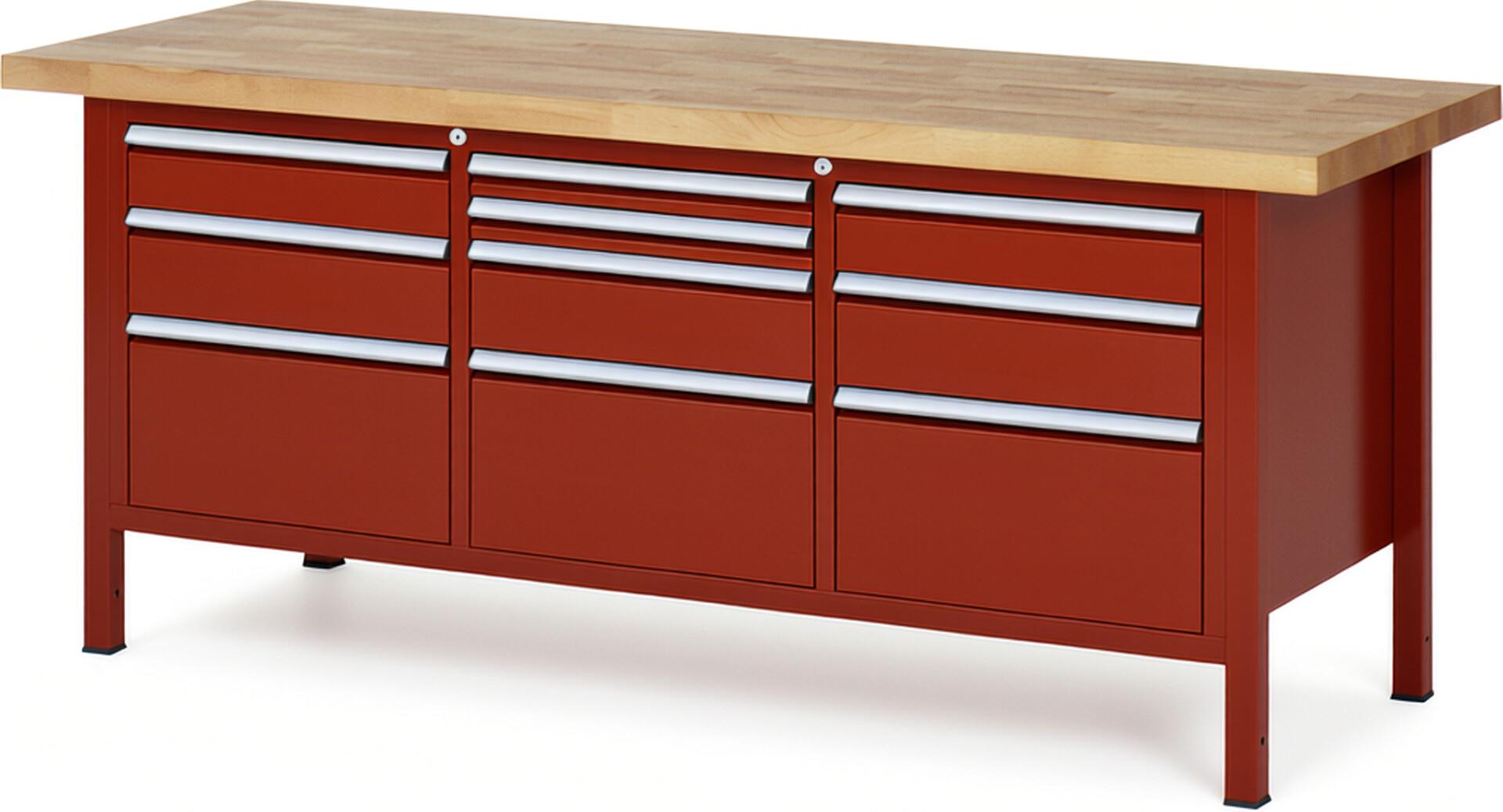 Werkbank Modell 8576 rot, BxTxH 2000x700x840-1040 mm,  Buche-Massiv Arbeitsplatte 40 mm,  10 Schubladen mit  Auszug 90 %