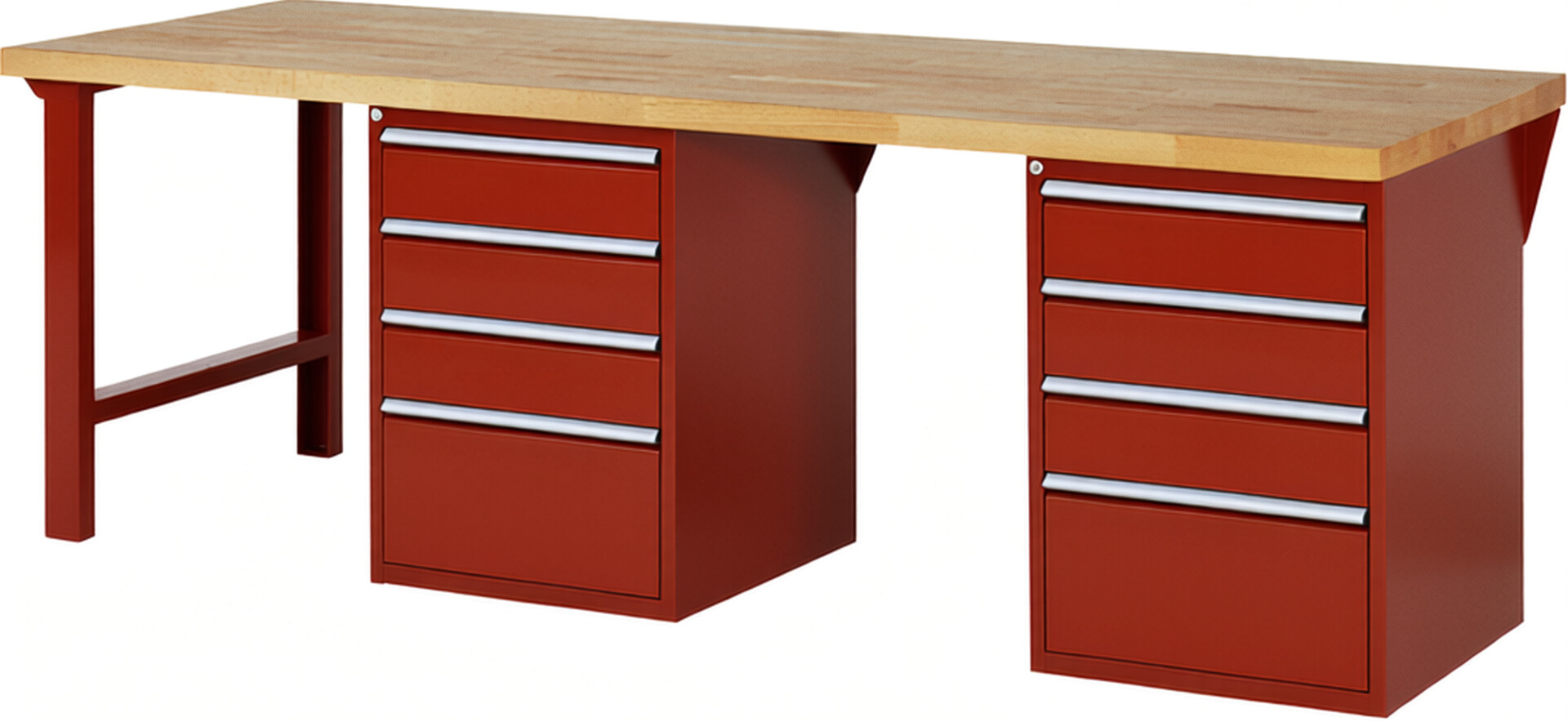 Werkbank Modell 7510 rot, BxTxH 2500x900x890 mm,  Buche-Massiv Arbeitsplatte 40 mm,  8 Schubladen mit  Vollauszug 100 % und  SoftClosing
