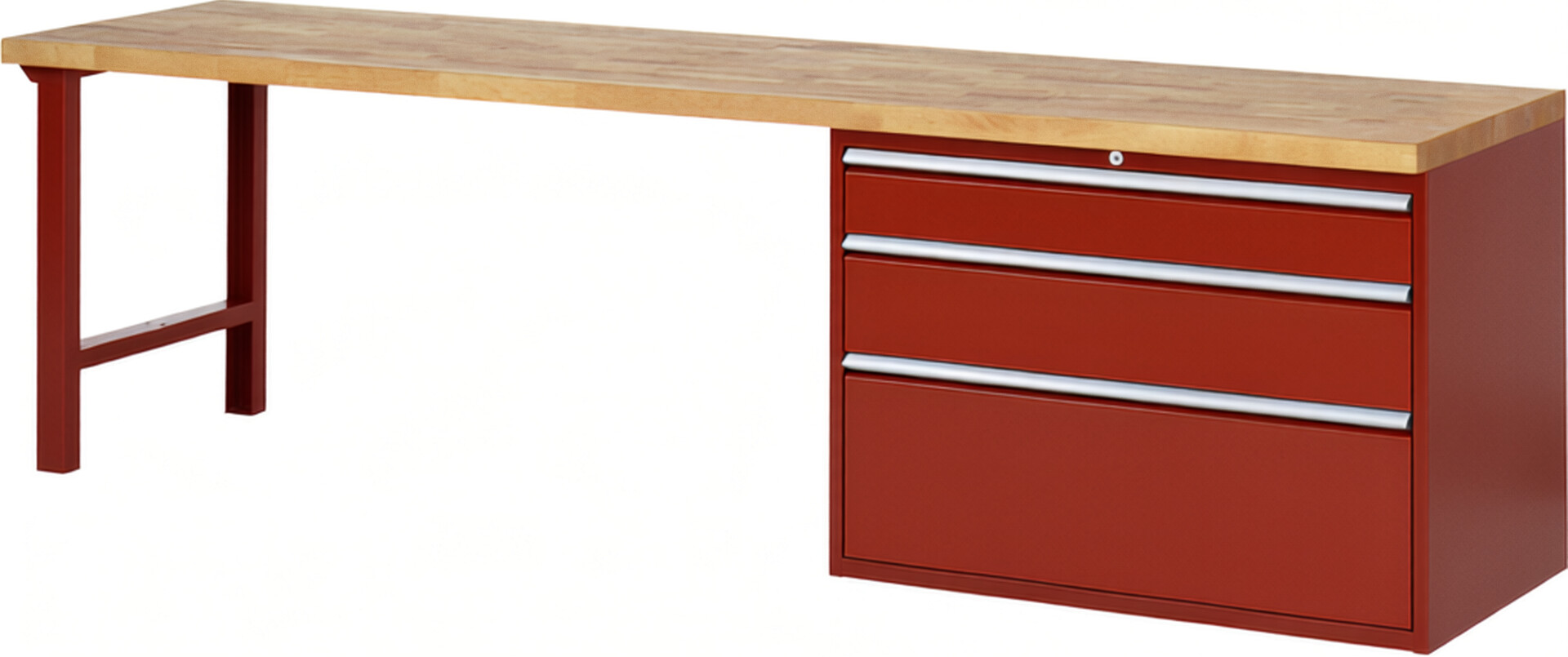 Werkbank Modell 7708 rot, BxTxH 3000x700x890 mm,  Buche-Massiv Arbeitsplatte 40 mm,  3 Schubladen mit  Vollauszug 100 % und  SoftClosing