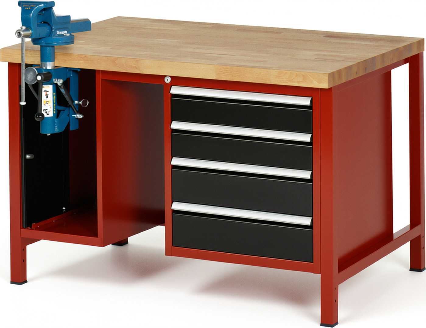 Werkbank Modell 8185 rot - schwarz, BxTxH 1250x900x840-1040 mm,  Buche-Massiv Arbeitsplatte 40 mm,  4 Schubladen mit  Auszug 90 %