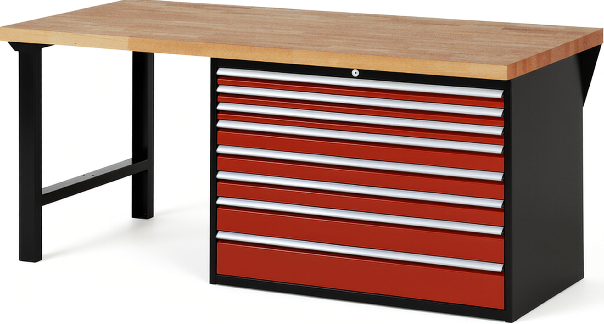 RAU Werkbank schwarz - rot - Breite 200 cm - Tiefe 90 cm - Höhe 89 cm - Buche-Massiv Arbeitsplatte 40 mm