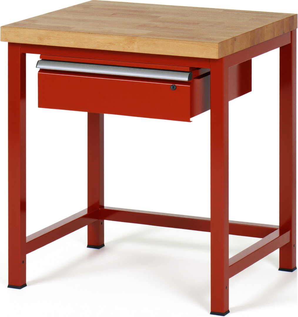 Werkbank Modell 8001 rot, BxTxH 750x700x840-1040 mm,  Buche-Massiv Arbeitsplatte 40 mm,  1 Schublade mit  Auszug 90 %