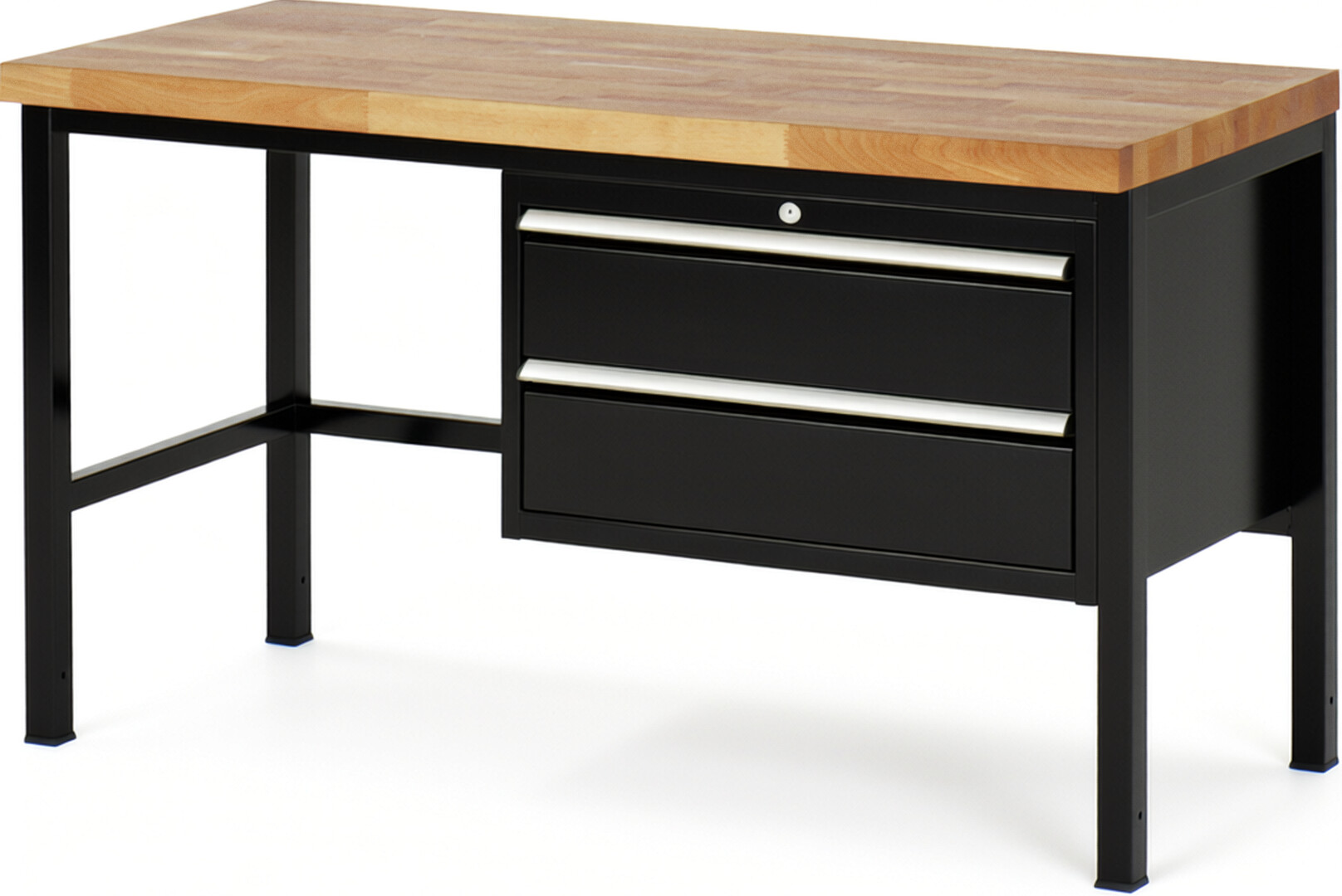 Werkbank Modell 8225 schwarz, BxTxH 1500x700x840 mm,  Buche-Massiv Arbeitsplatte 40 mm,  2 Schubladen mit  Auszug 90 %