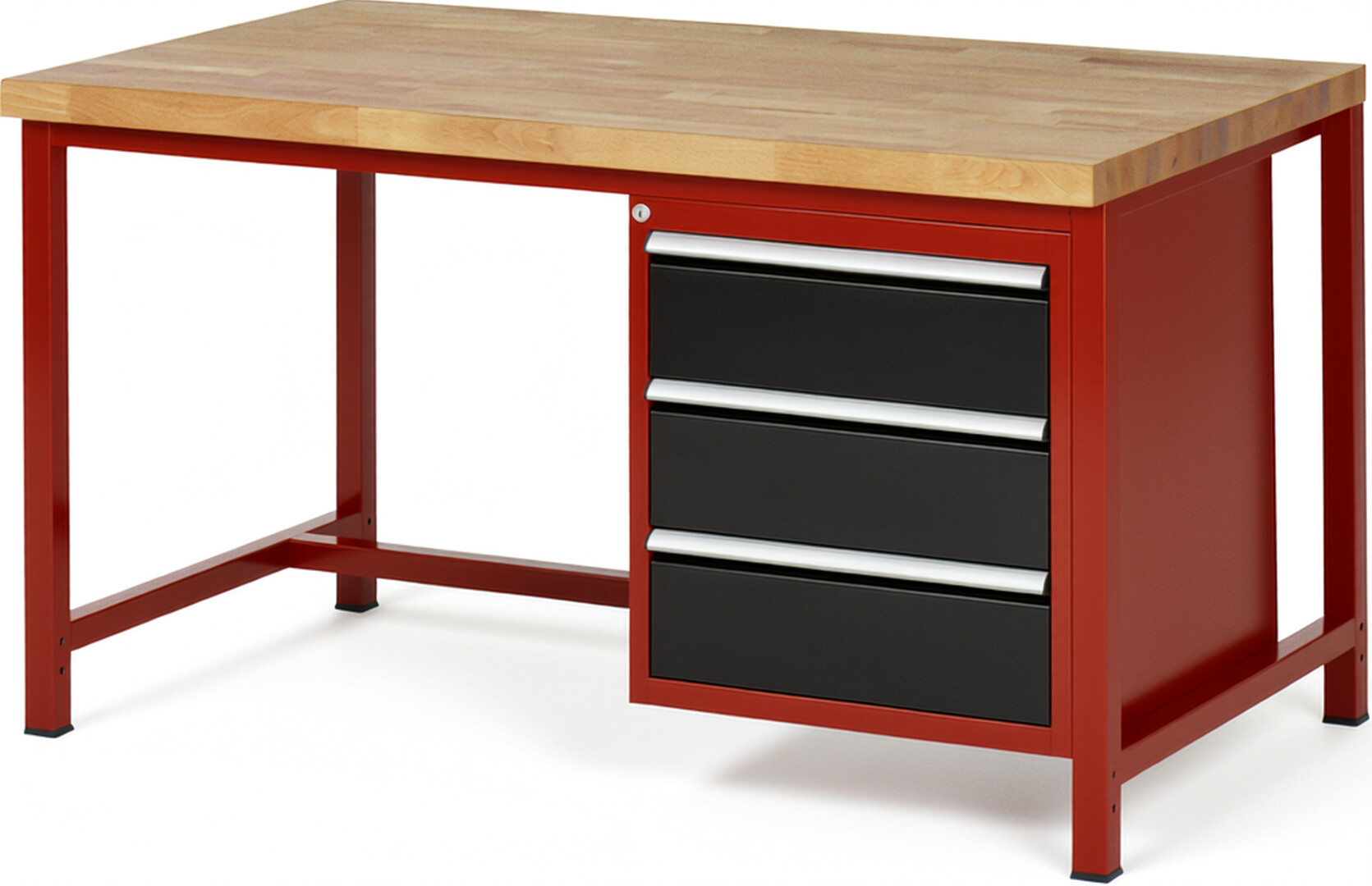 Werkbank Modell 8157 rot - schwarz, BxTxH 1500x900x840 mm,  Buche-Massiv Arbeitsplatte 40 mm,  3 Schubladen mit  Vollauszug 100 % und  SoftClosing