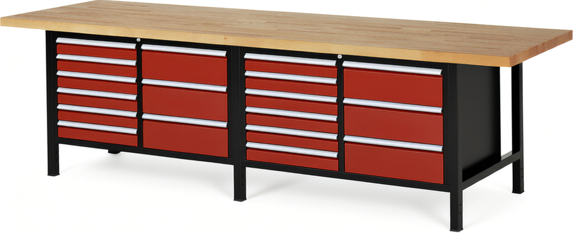 RAU Werkbank schwarz - rot - Breite 300 cm - Tiefe 90 cm - Höhe 104 cm - Buche-Massiv Arbeitsplatte 40 mm