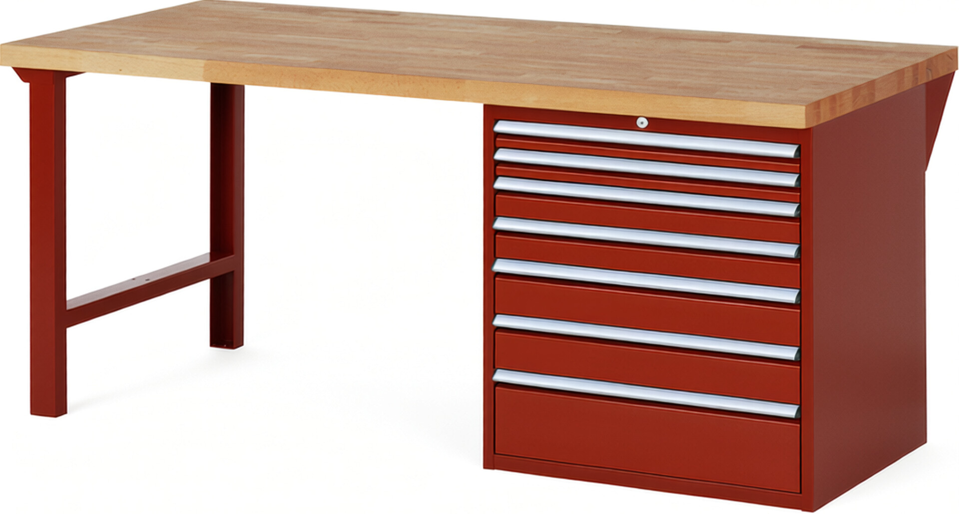 Werkbank Modell 7617 rot, BxTxH 2000x900x890 mm,  Buche-Massiv Arbeitsplatte 40 mm,  7 Schubladen mit  Auszug 90 %
