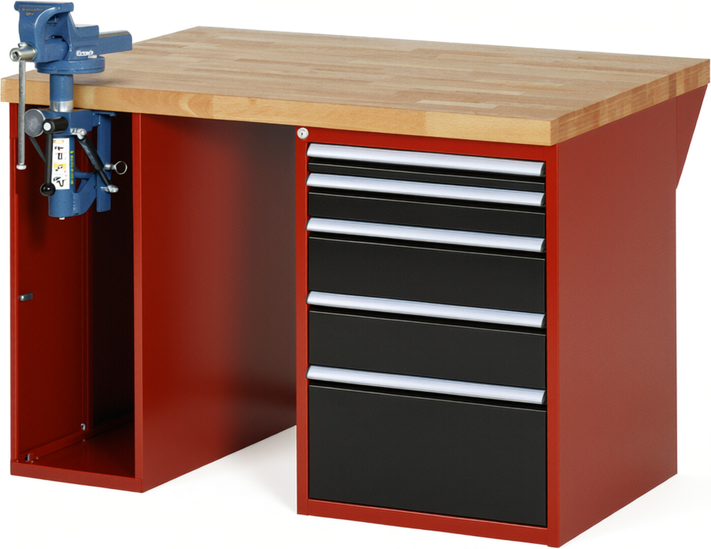 Werkbank Modell 7511 rot - schwarz, BxTxH 1250x900x890 mm,  Buche-Massiv Arbeitsplatte 40 mm,  5 Schubladen mit  Auszug 90 %