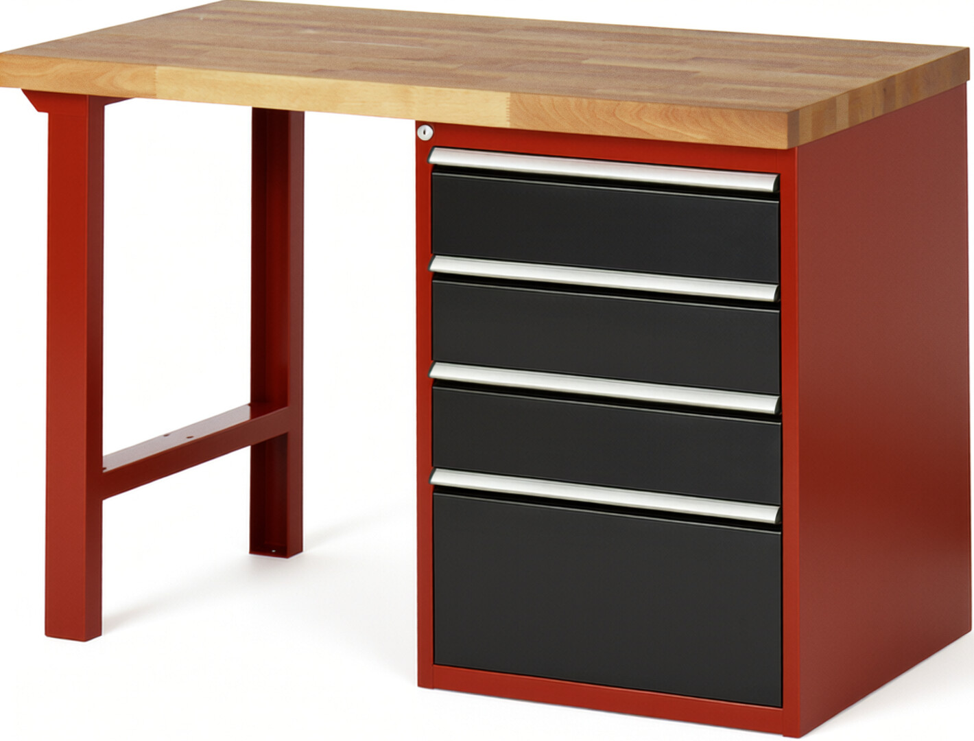 Werkbank Modell 7510 rot - schwarz, BxTxH 1250x700x890 mm,  Buche-Massiv Arbeitsplatte 40 mm,  4 Schubladen mit  Auszug 90 %