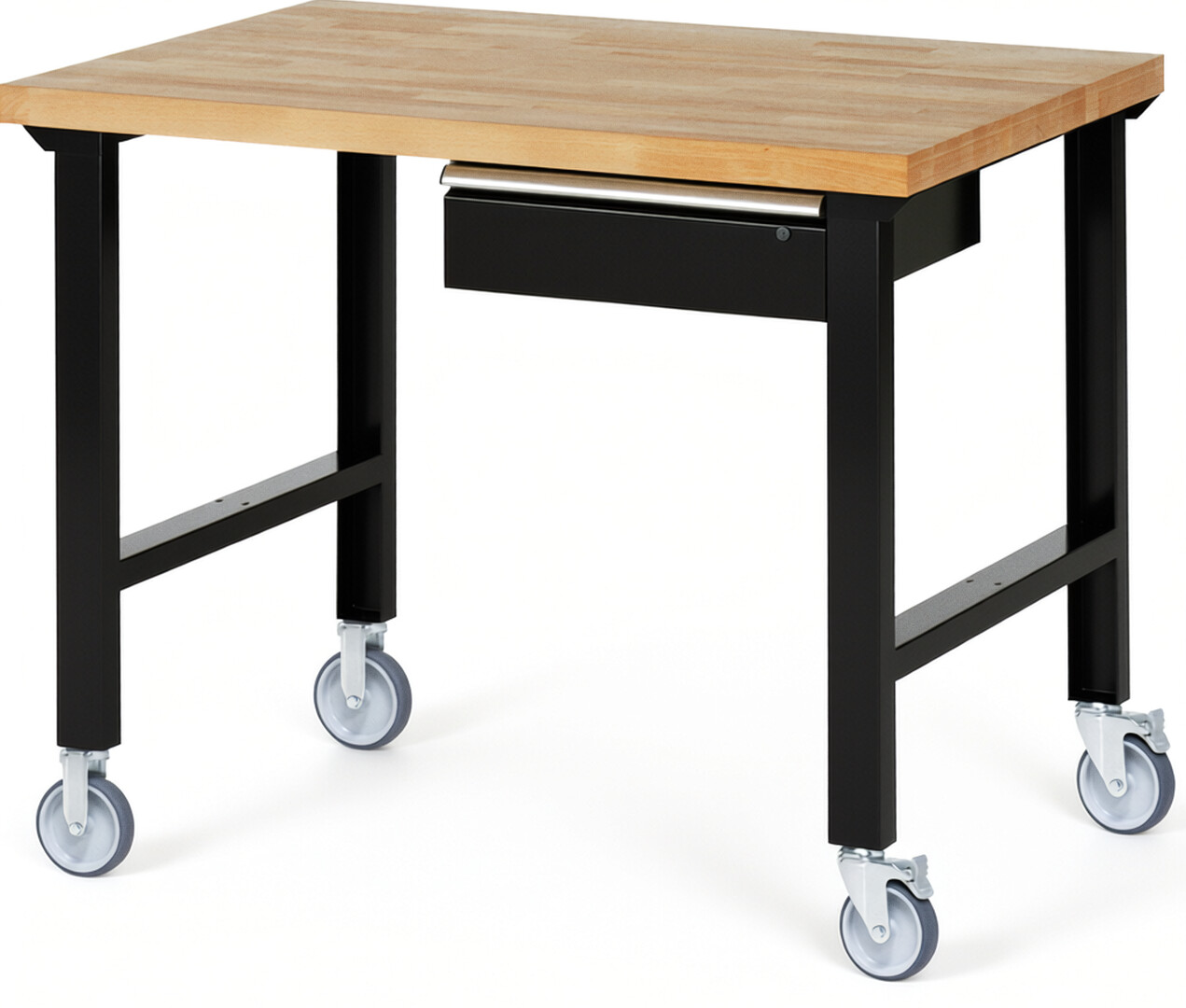 Fahrbare Werkbank Modell 7001 schwarz, BxTxH 1250x900x1000 mm,  Buche-Massiv Arbeitsplatte 40 mm,  1 Schublade mit  Auszug 90 %
