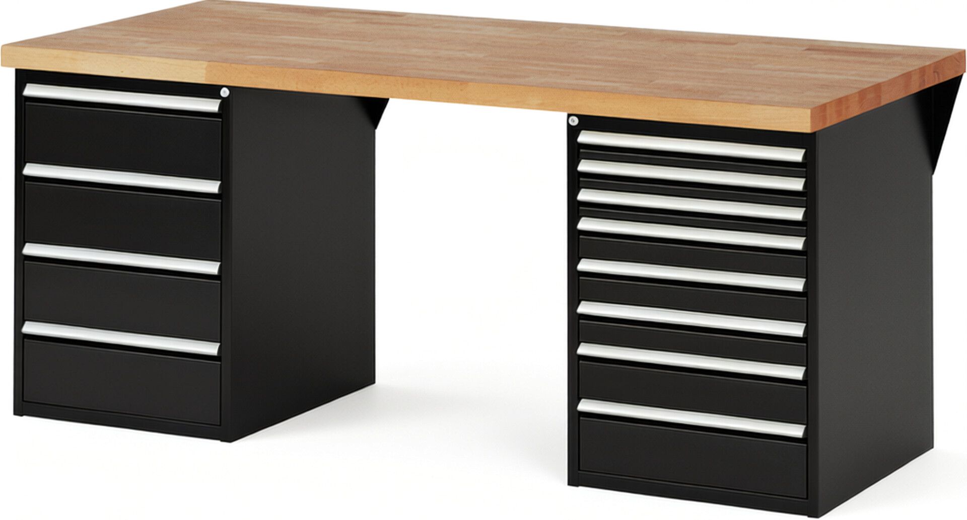 Werkbank Modell 7822 schwarz, BxTxH 2000x900x890 mm,  Buche-Massiv Arbeitsplatte 40 mm,  12 Schubladen mit  Vollauszug 100 % und  SoftClosing