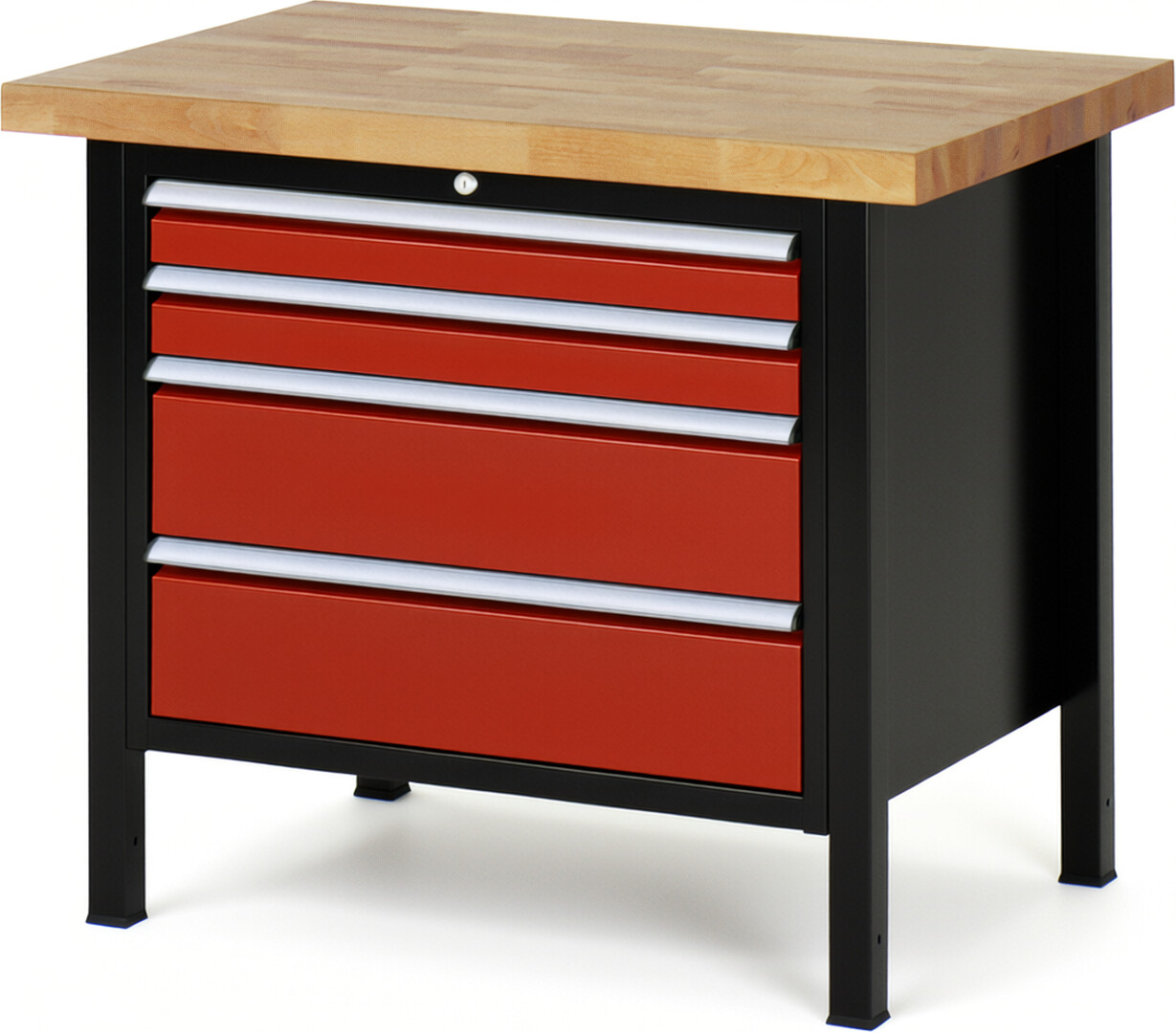 RAU Werkbank schwarz - rot - Breite 100 cm - Tiefe 70 cm - Höhe 104 cm - Buche-Massiv Arbeitsplatte 40 mm